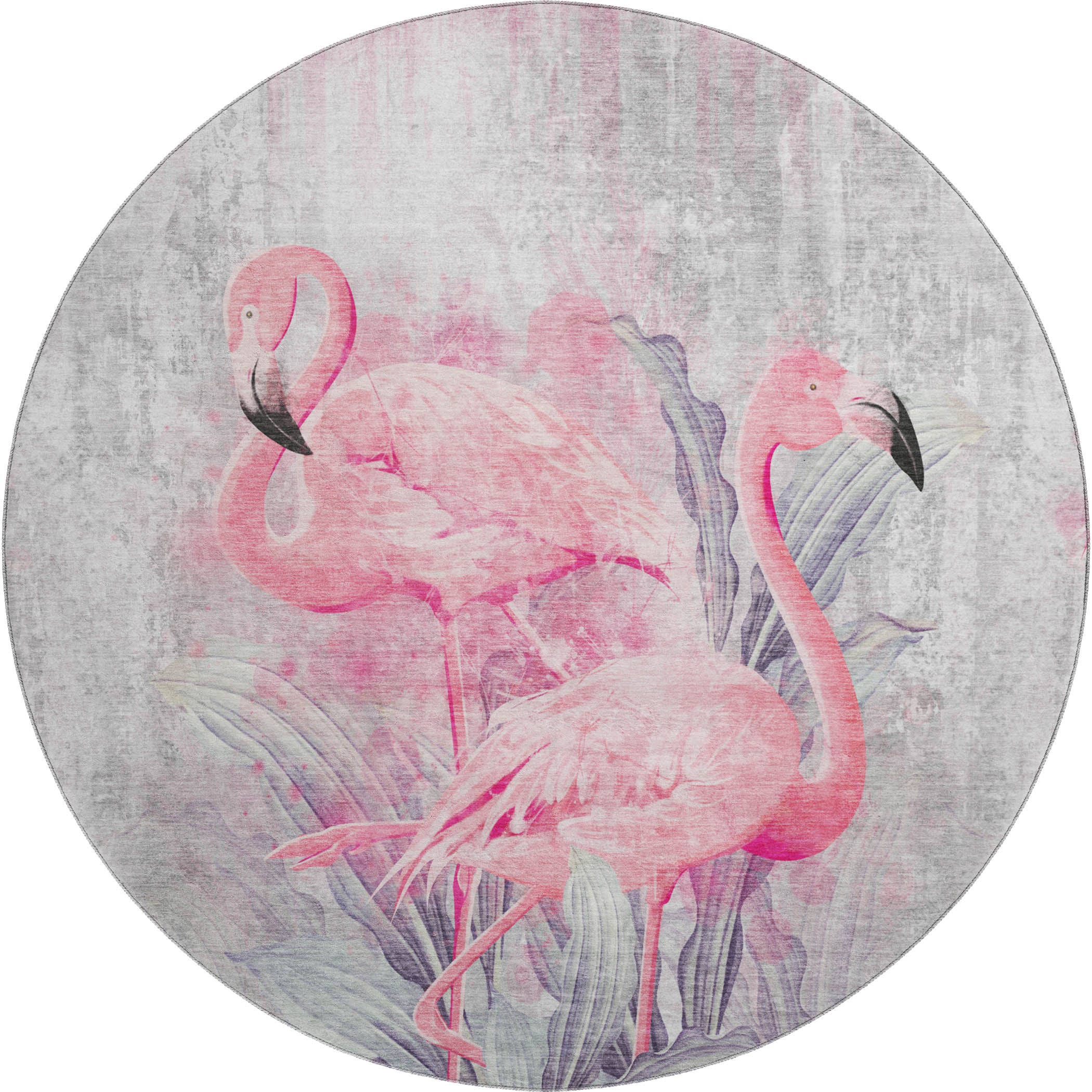 Luang Prabang Machine Washable Tropical Pink Gray Rug 8' x 8' #shape_Round