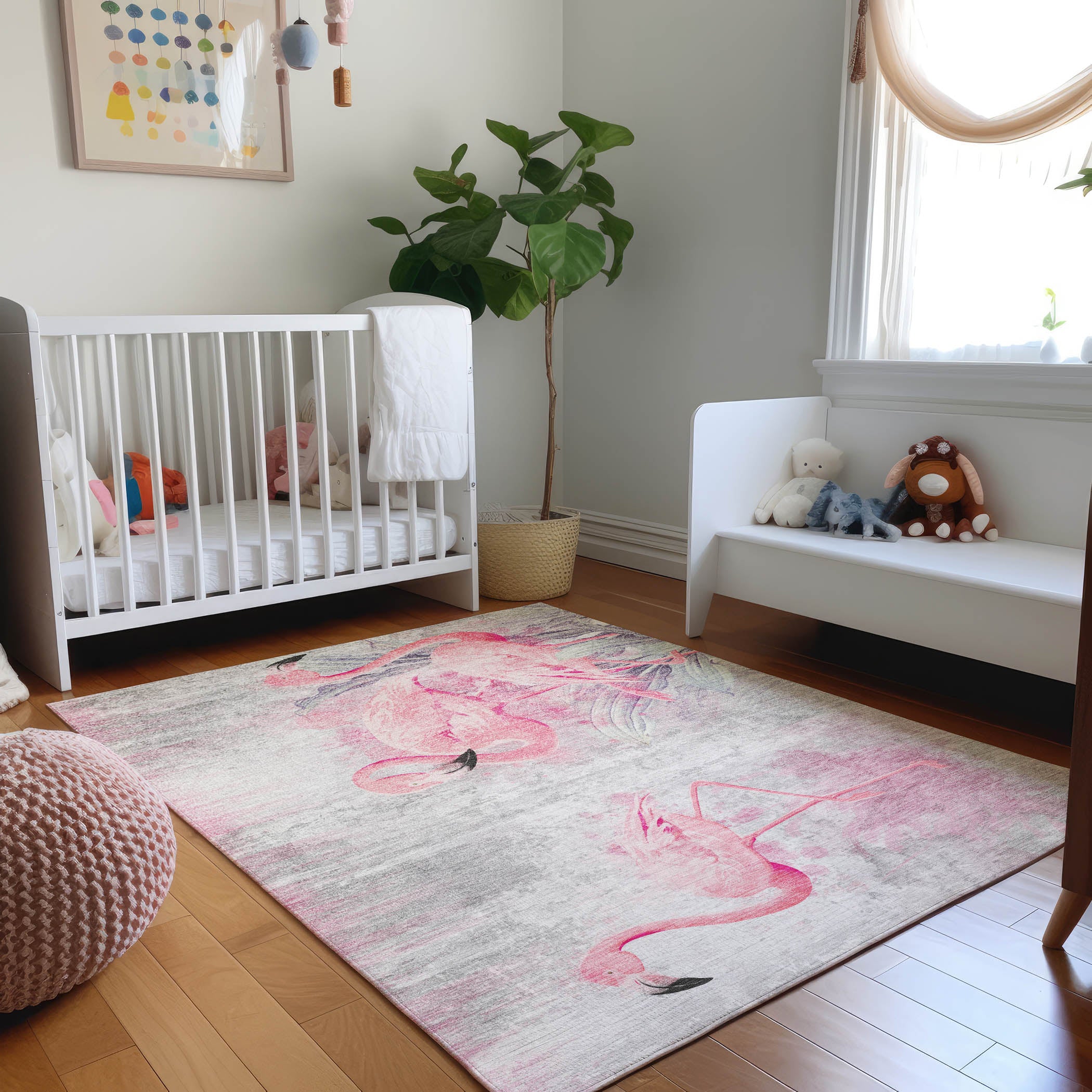 Luang Prabang Machine Washable Tropical Pink Gray Rug 2'6" x 3'10" #shape_Rectangle