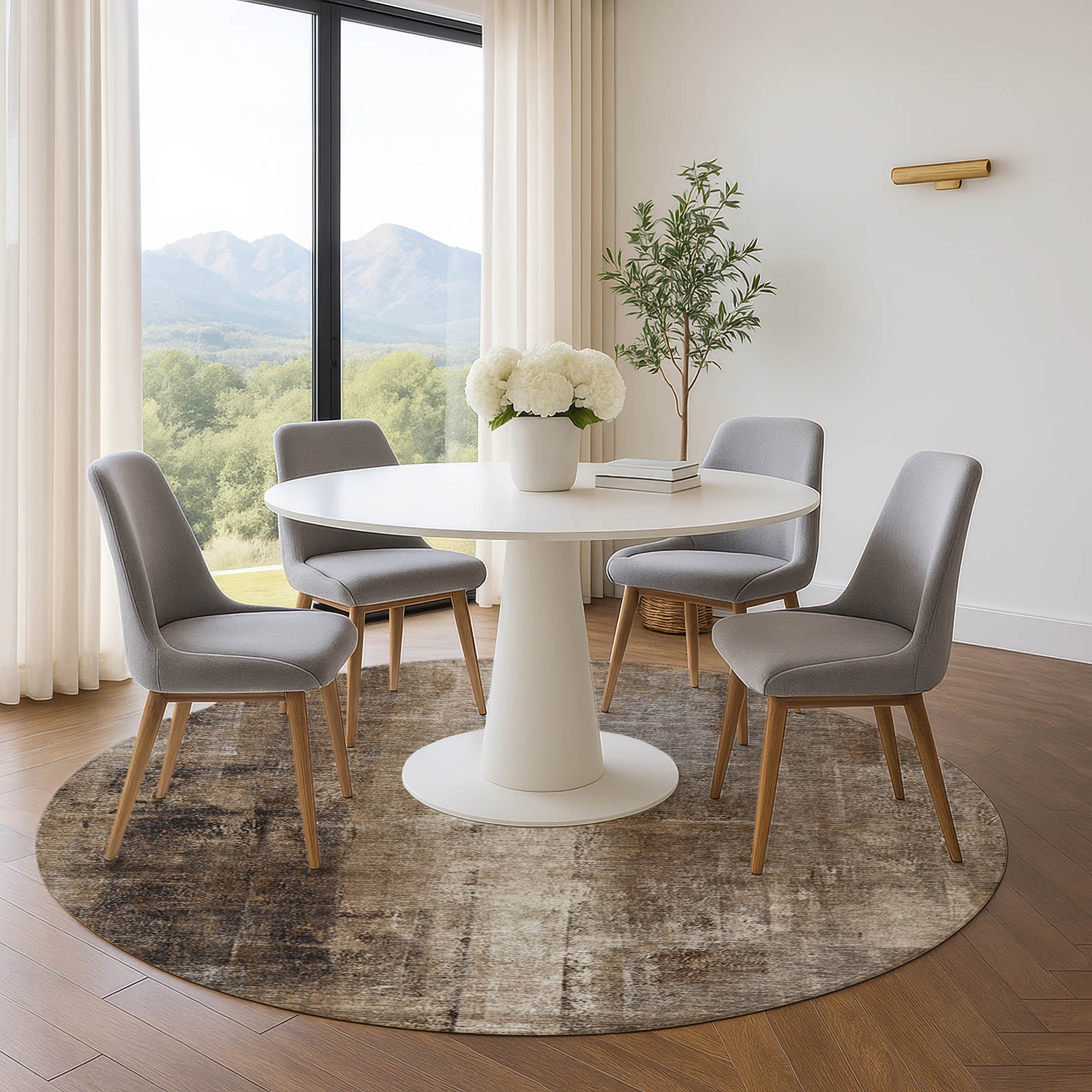 Mdina Machine Washable Transitional Brown Rug 8' x 8' #shape_Round