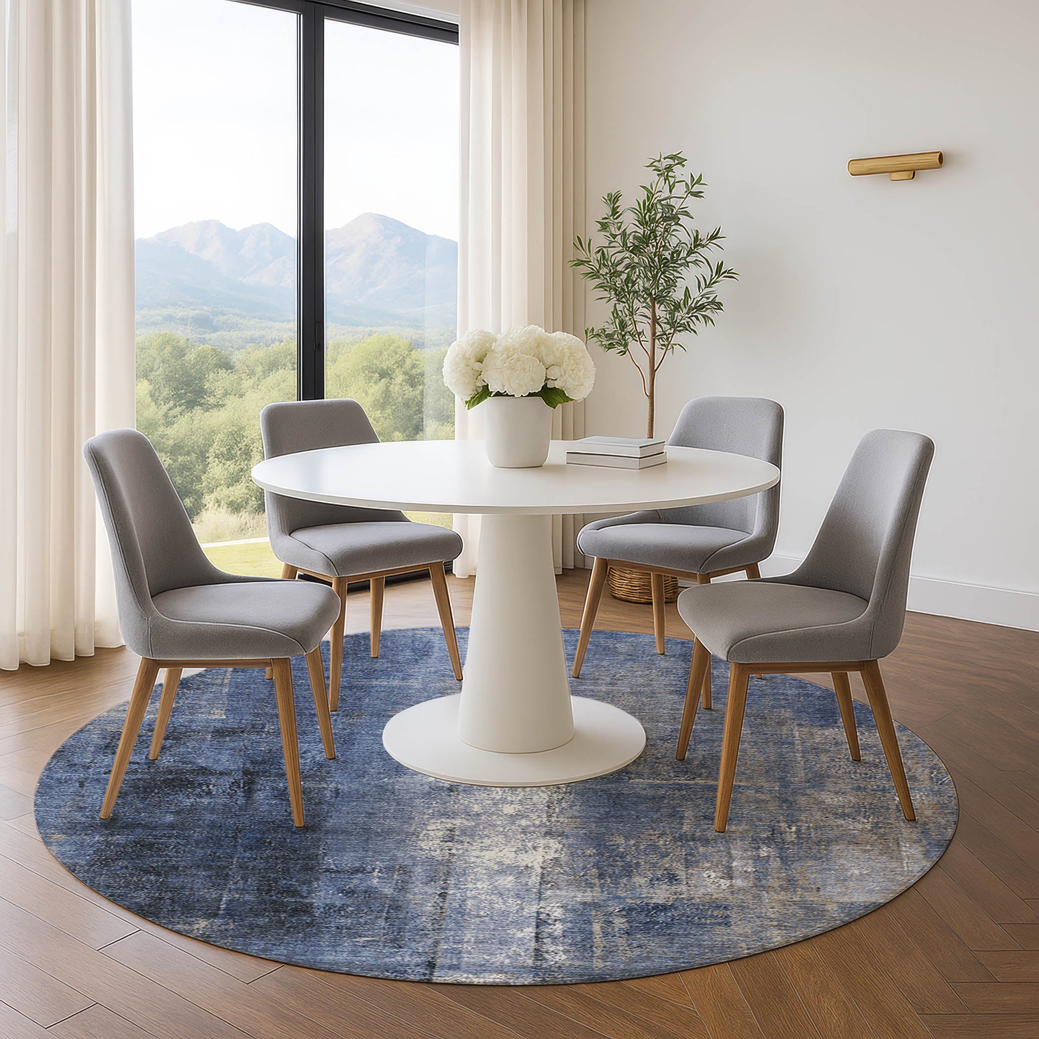 Mdina Machine Washable Transitional Navy Blue Rug 8' x 8' #shape_Round