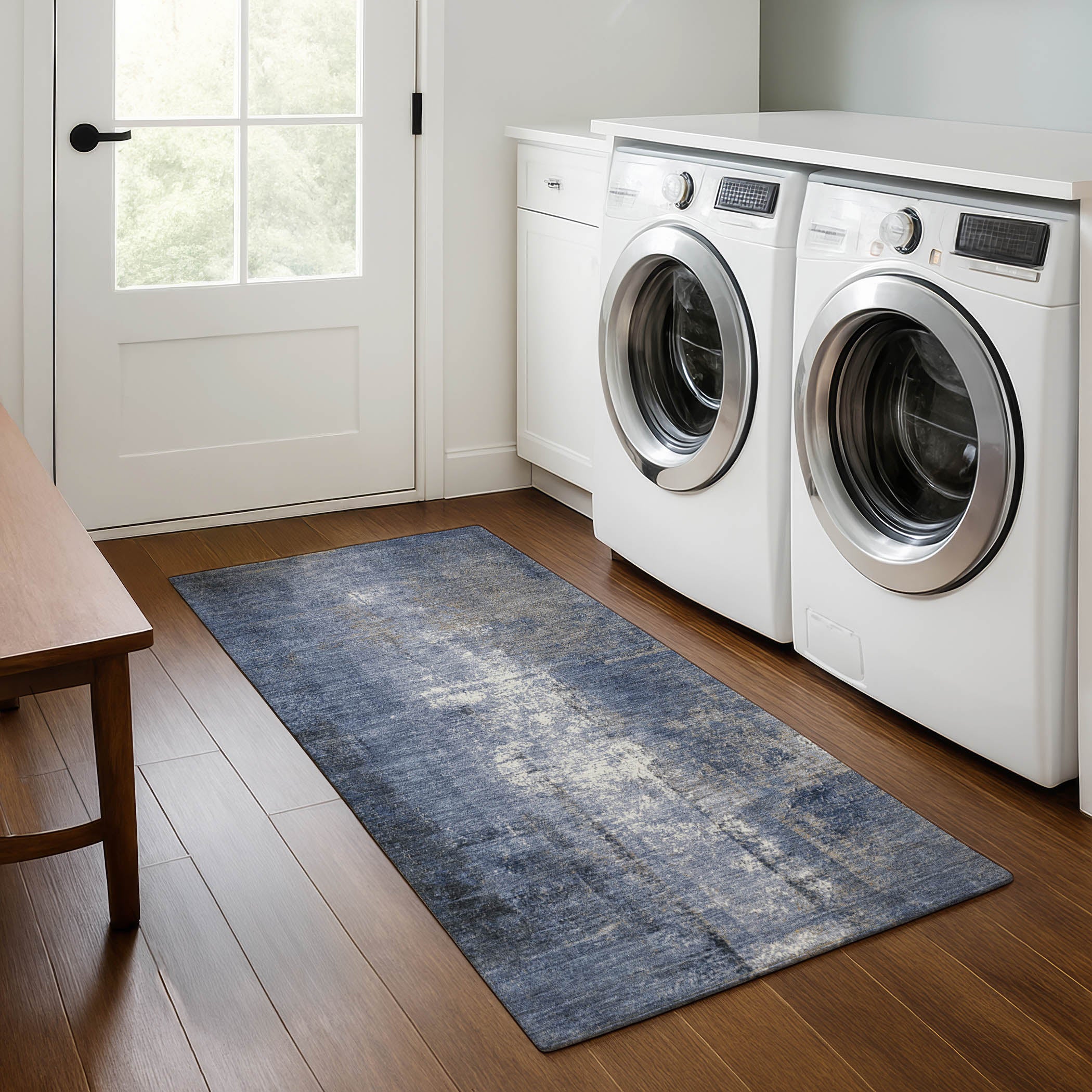 Mdina Machine Washable Transitional Navy Blue Rug 2'3" x 7'6" #shape_Runner
