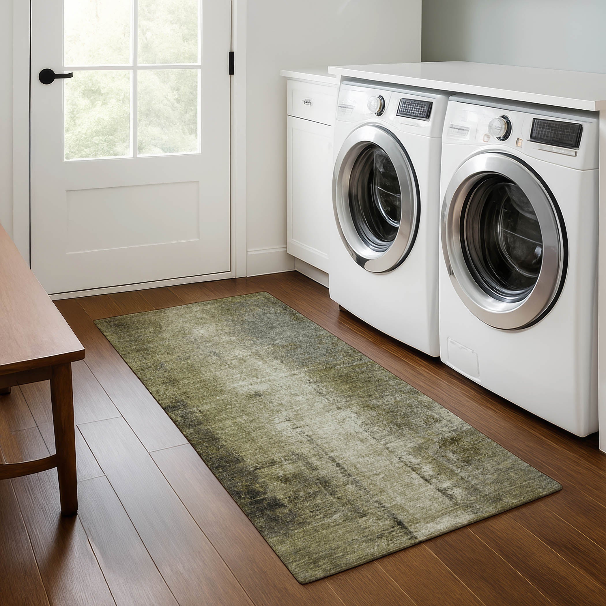 Mdina Machine Washable Transitional Olive Green Rug 2'3" x 7'6" #shape_Runner