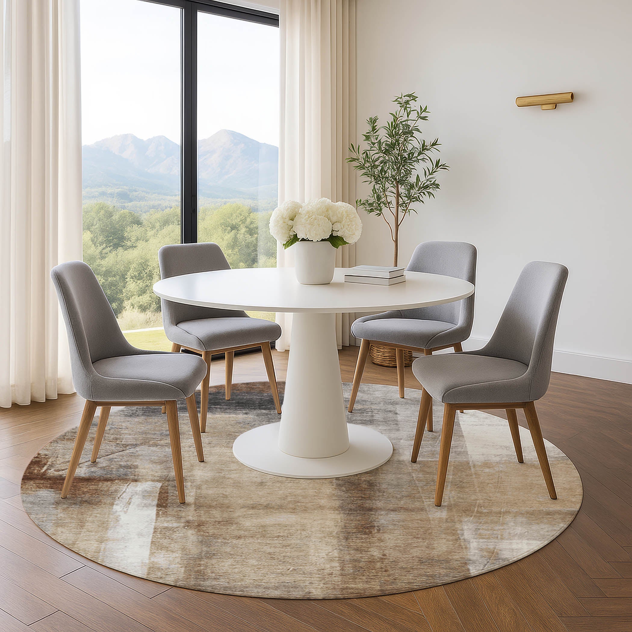 Salzburg Machine Washable Transitional Beige Brown Rug 8' x 8' #shape_Round