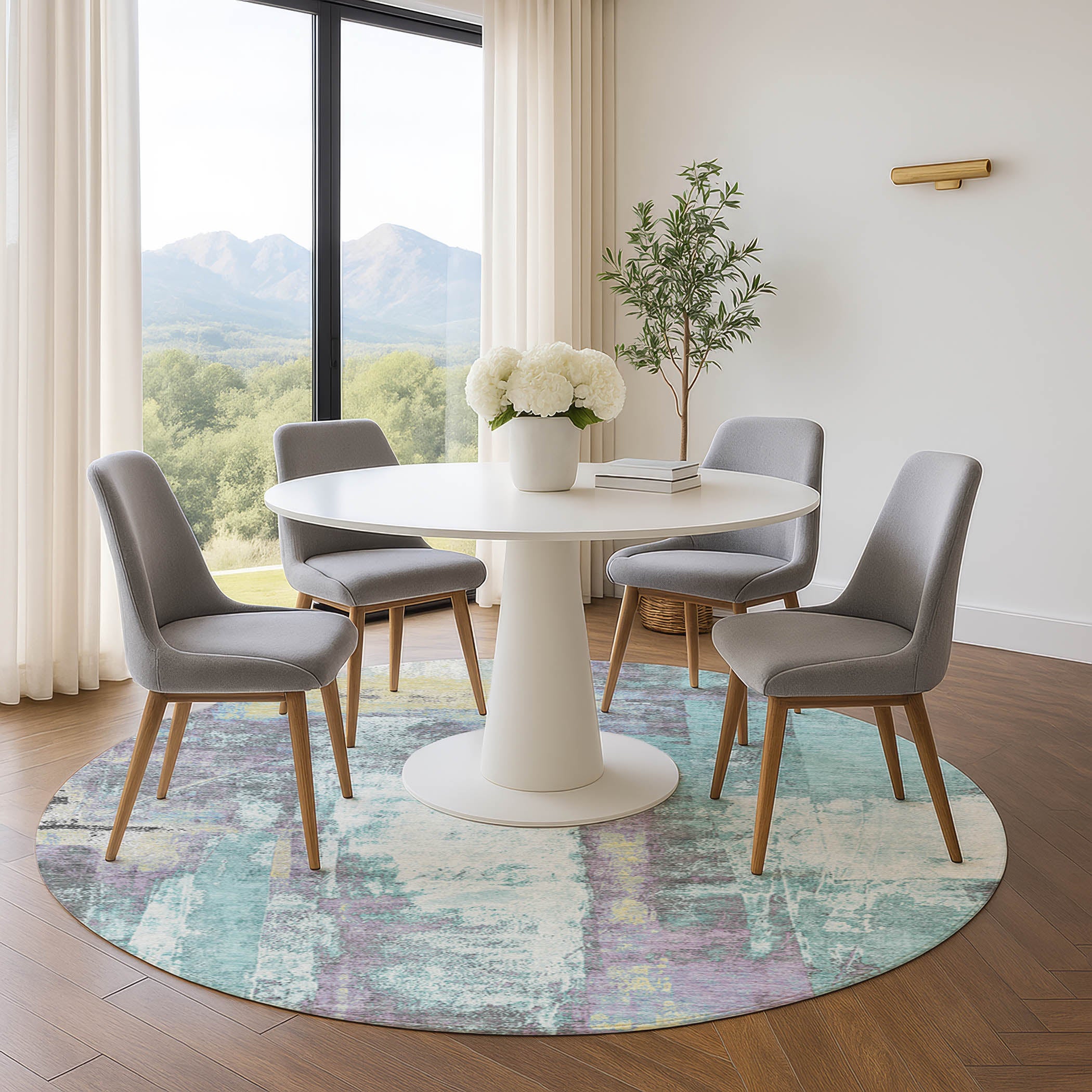 Salzburg Machine Washable Transitional Teal Rug 8' x 8' #shape_Round