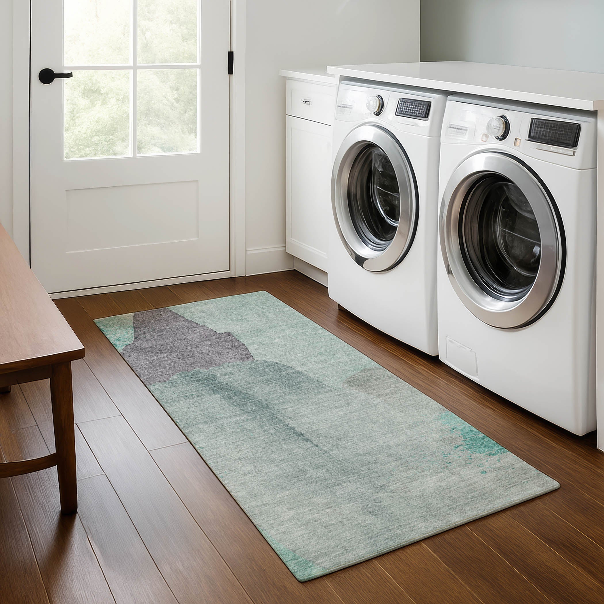 Mostar Machine Washable Transitional Teal Rug 2'3" x 7'6" #shape_Runner