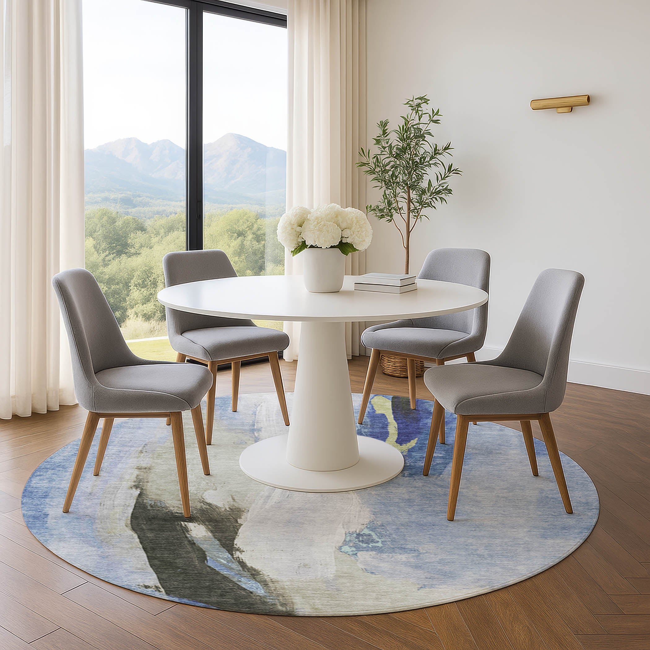 Rome Machine Washable Transitional Denim Blue Rug 8' x 8' #shape_Round