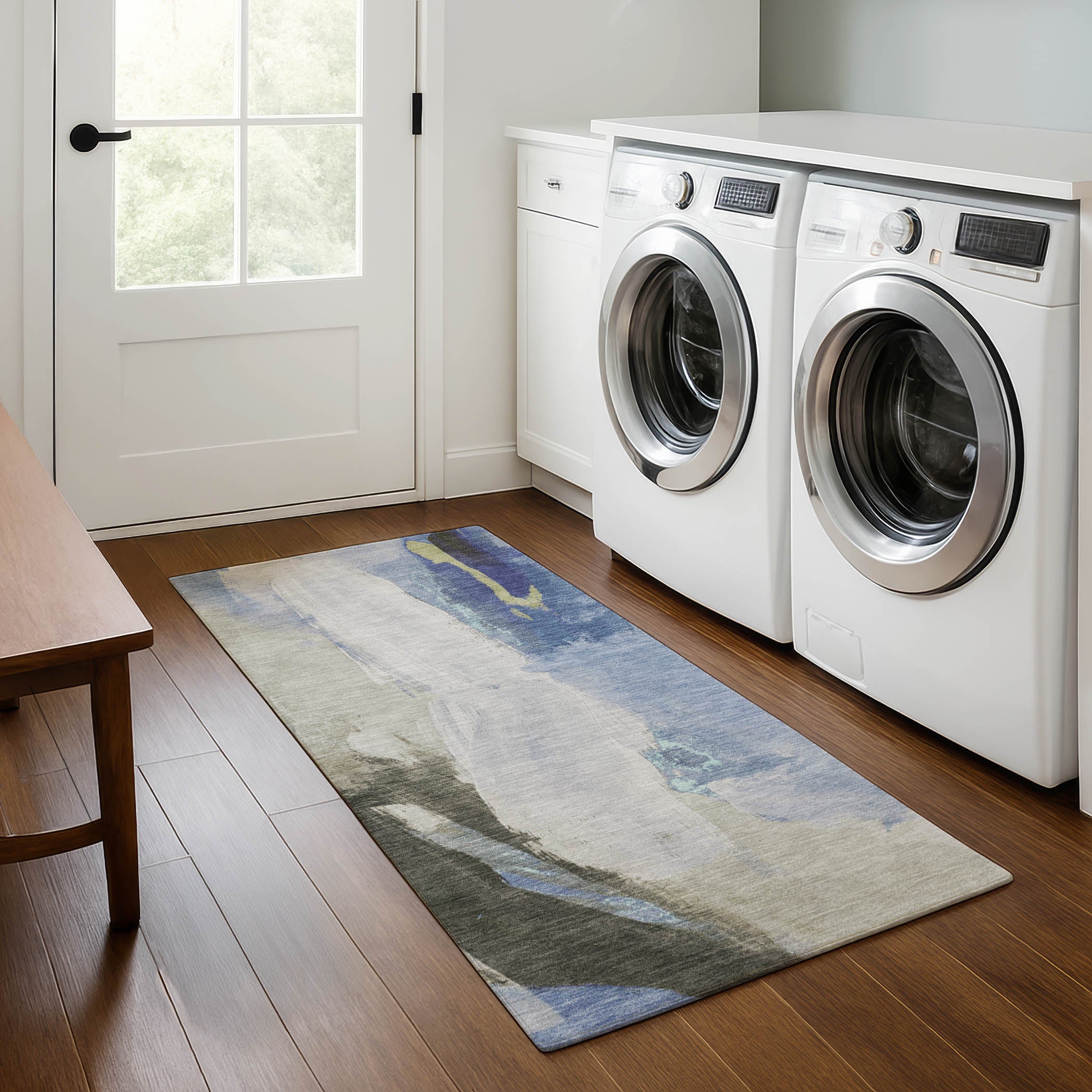 Rome Machine Washable Transitional Denim Blue Rug 2'3" x 7'6" #shape_Runner
