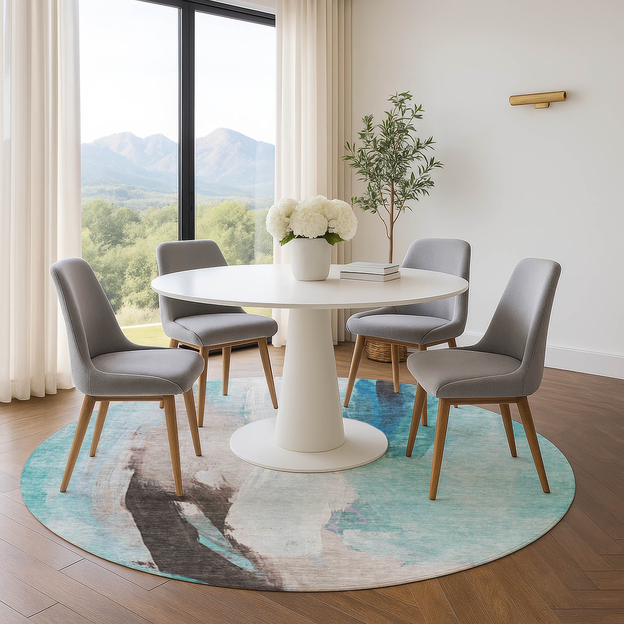 Rome Machine Washable Transitional Teal Rug 8' x 8' #shape_Round