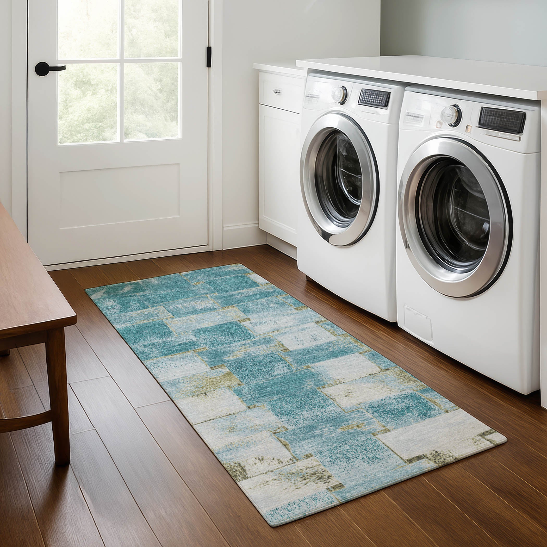 Vienna Machine Washable Transitional Teal Rug 2'3" x 7'6" #shape_Runner