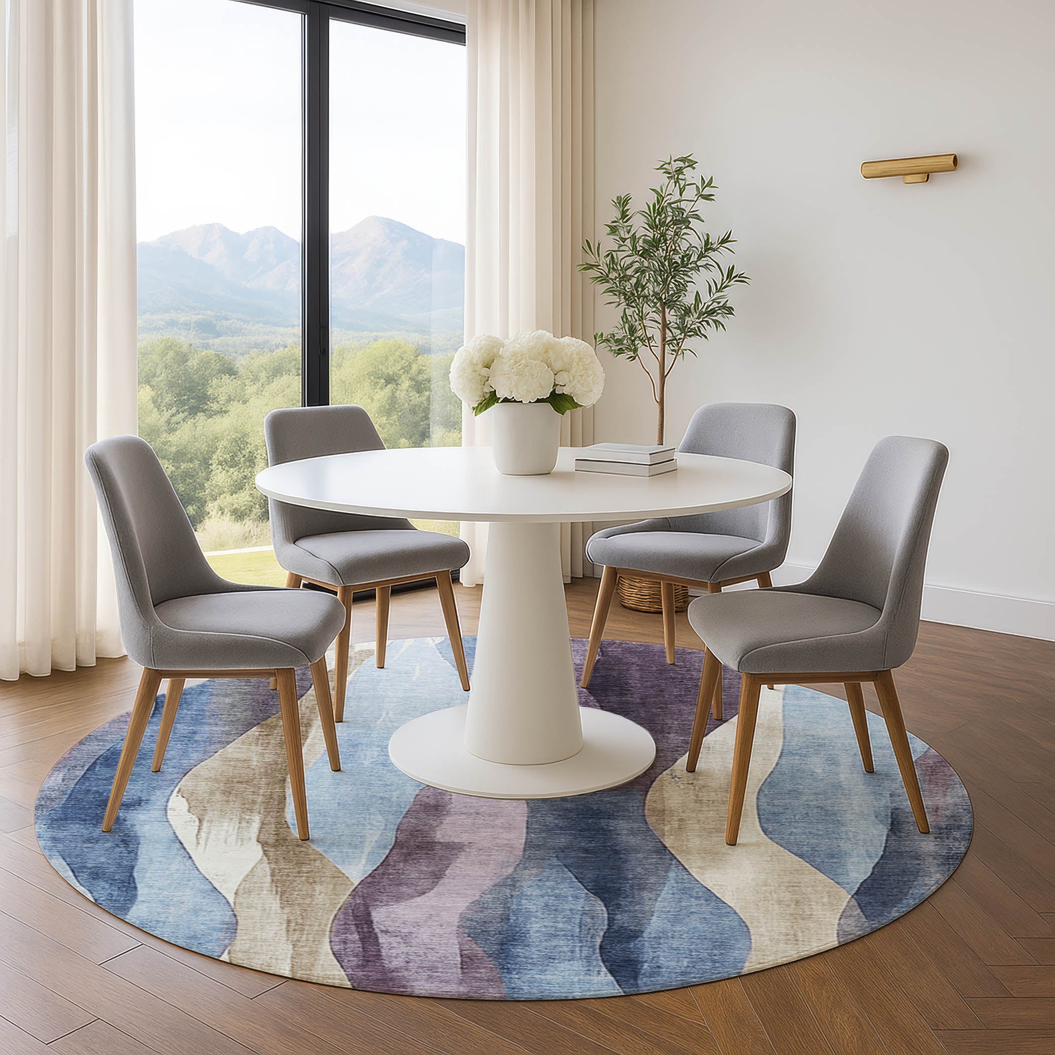 Santorini Machine Washable Transitional Denim Blue Rug 8' x 8' #shape_Round