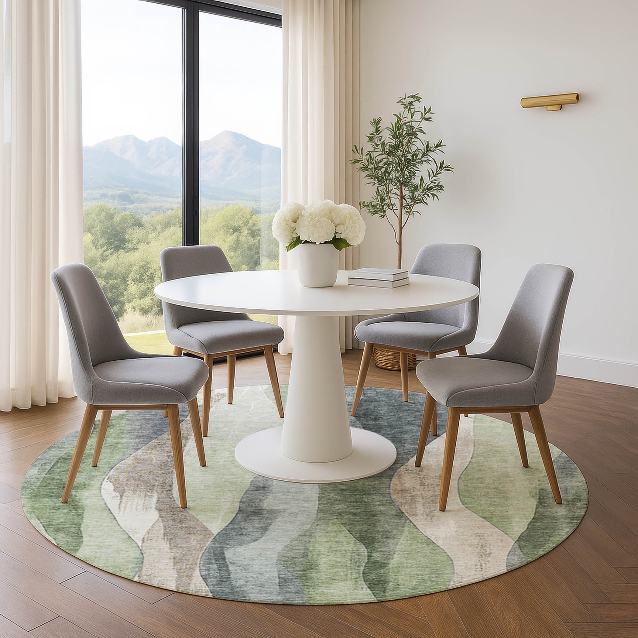 Santorini Machine Washable Transitional Fern Green Rug 8' x 8' #shape_Round