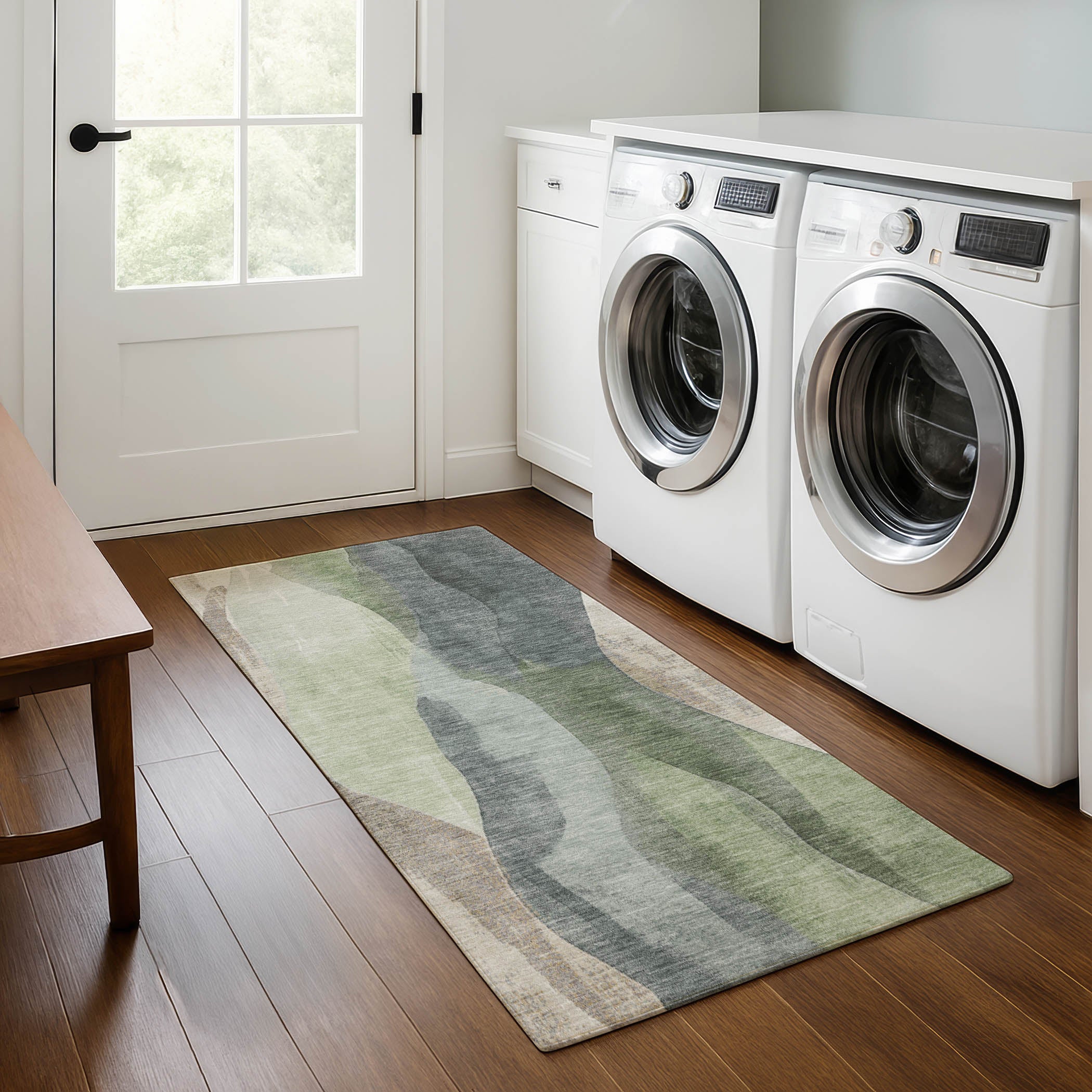 Santorini Machine Washable Transitional Fern Green Rug 2'3" x 7'6" #shape_Runner