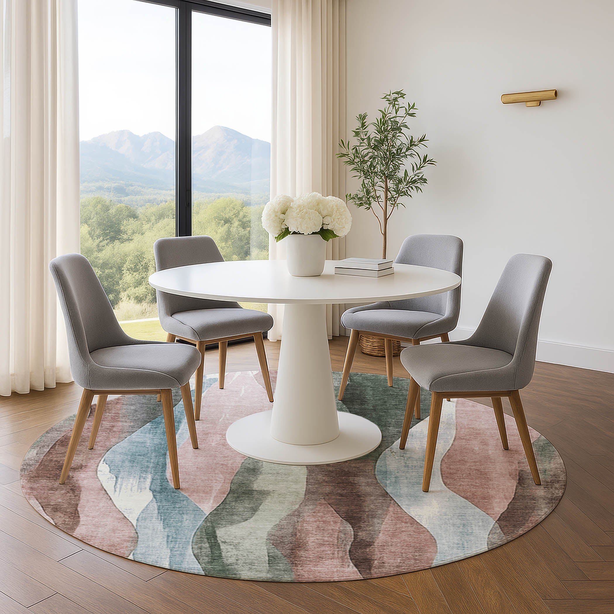 Santorini Machine Washable Transitional Salmon Orange Rug 8' x 8' #shape_Round