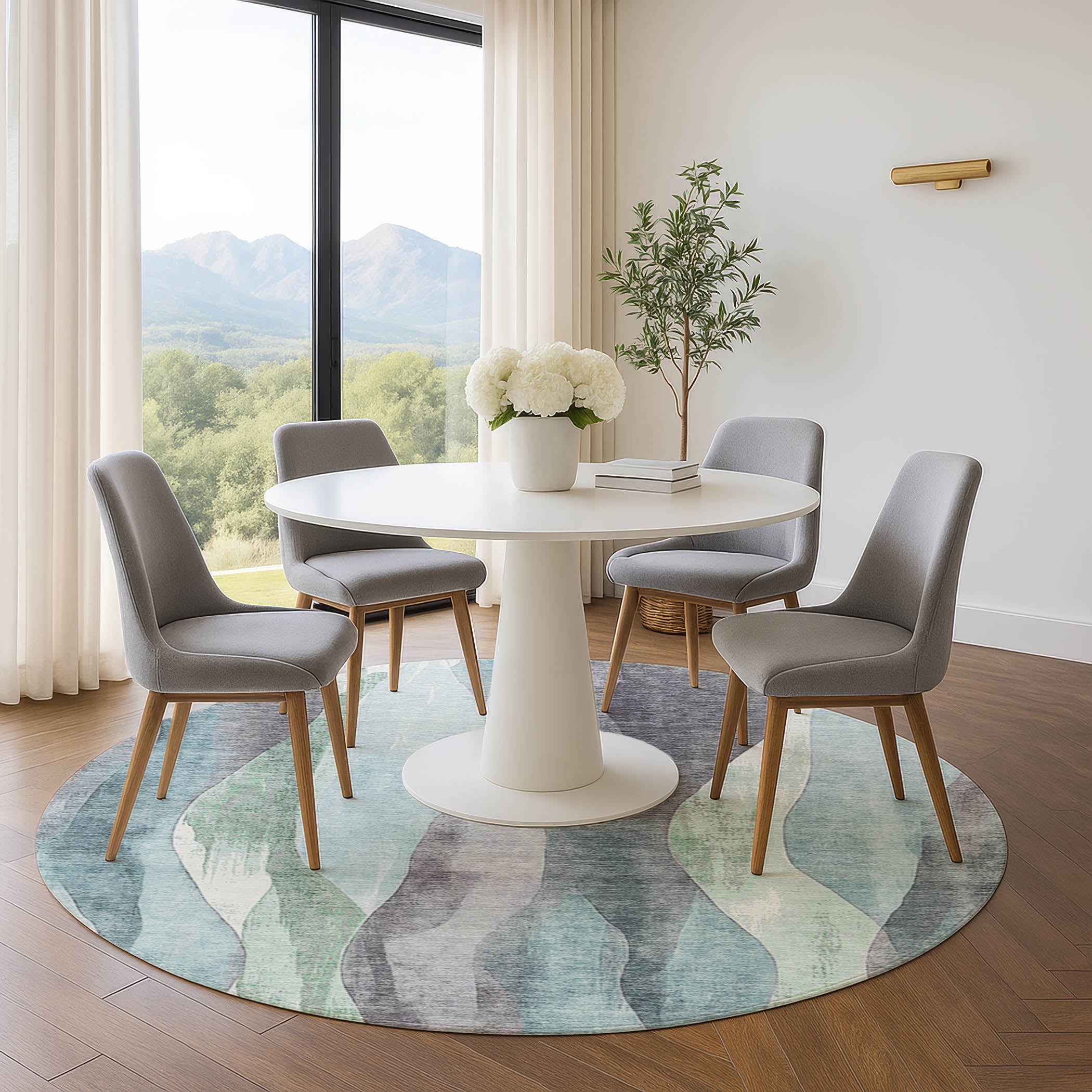 Santorini Machine Washable Transitional Teal Rug 8' x 8' #shape_Round