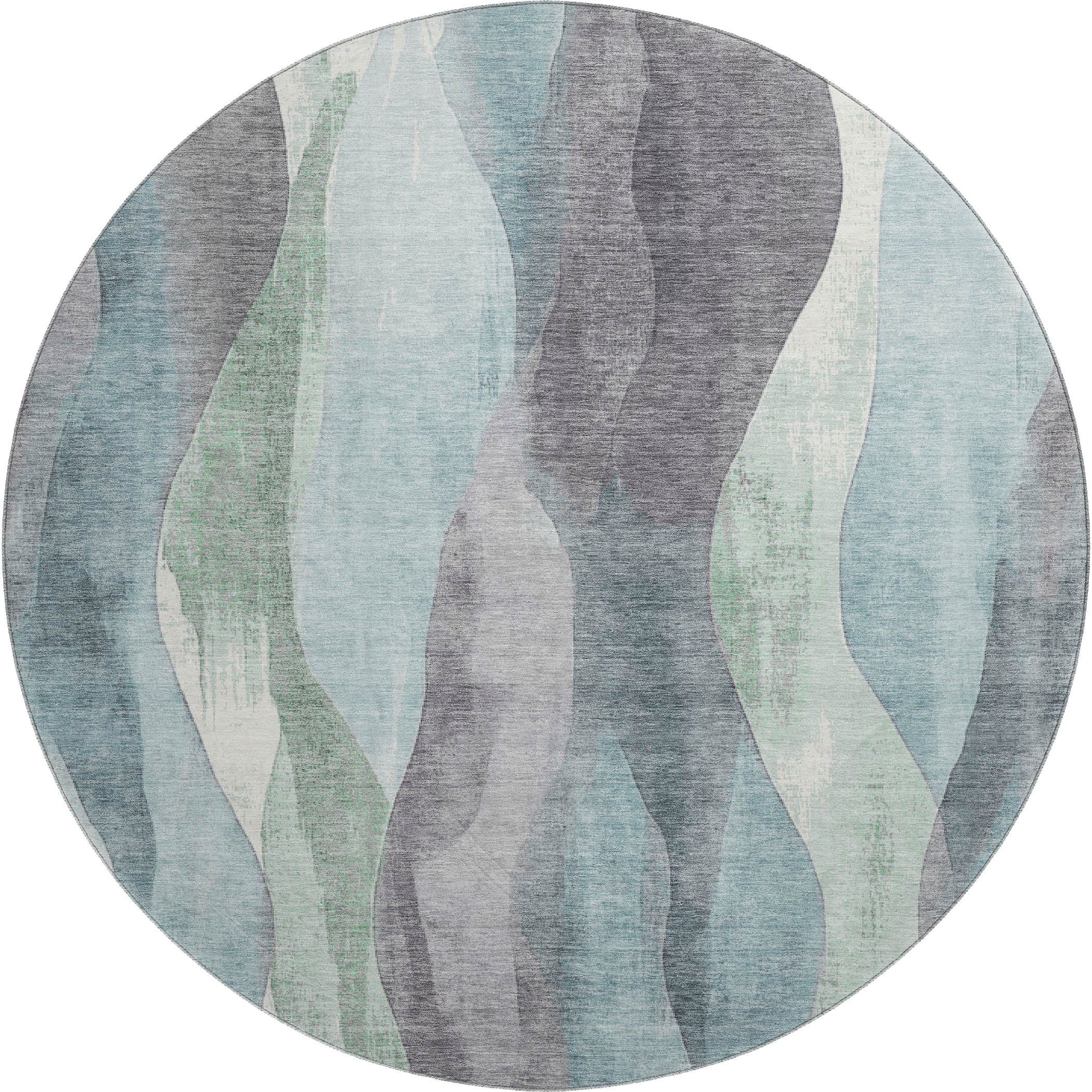 Santorini Machine Washable Transitional Teal Rug 8' x 8' #shape_Round