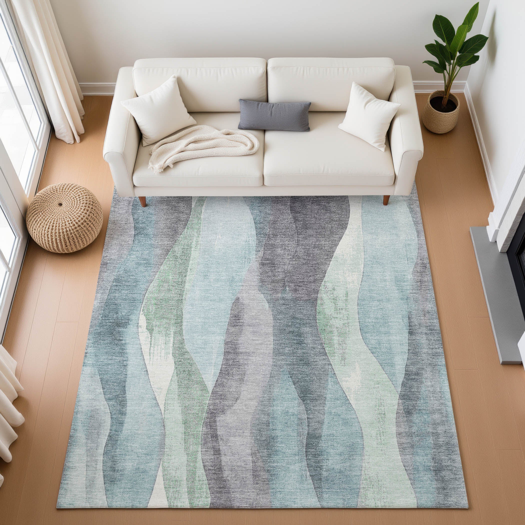 Santorini Machine Washable Transitional Teal Rug 2'6" x 3'10" #shape_Rectangle