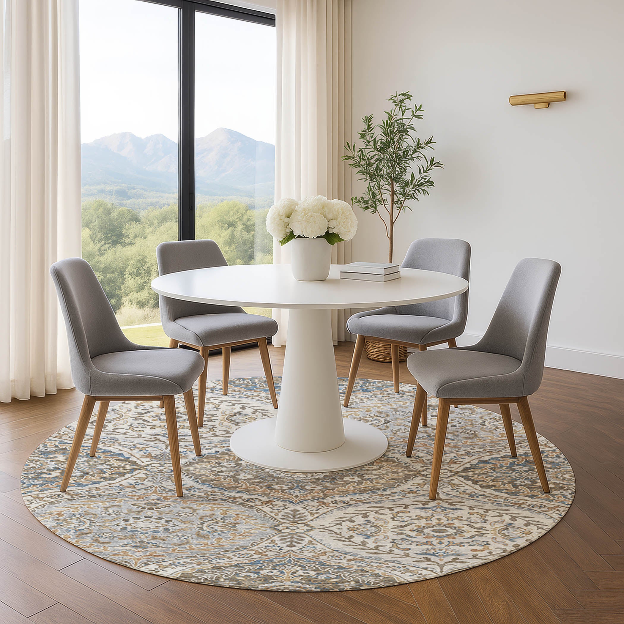 Florence Machine Washable Traditional Beige Brown Rug 8' x 8' #shape_Round