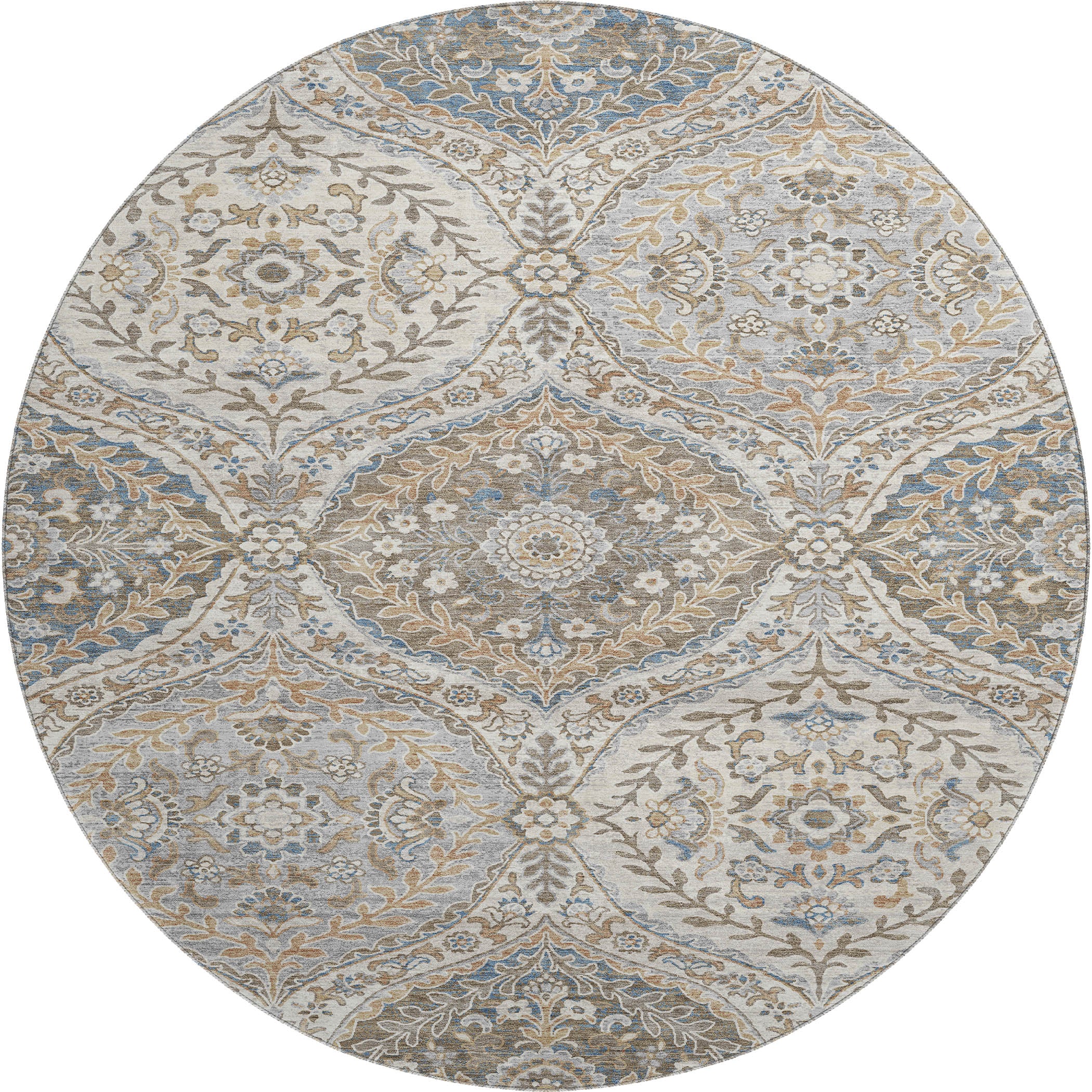 Florence Machine Washable Traditional Beige Brown Rug 8' x 8' #shape_Round