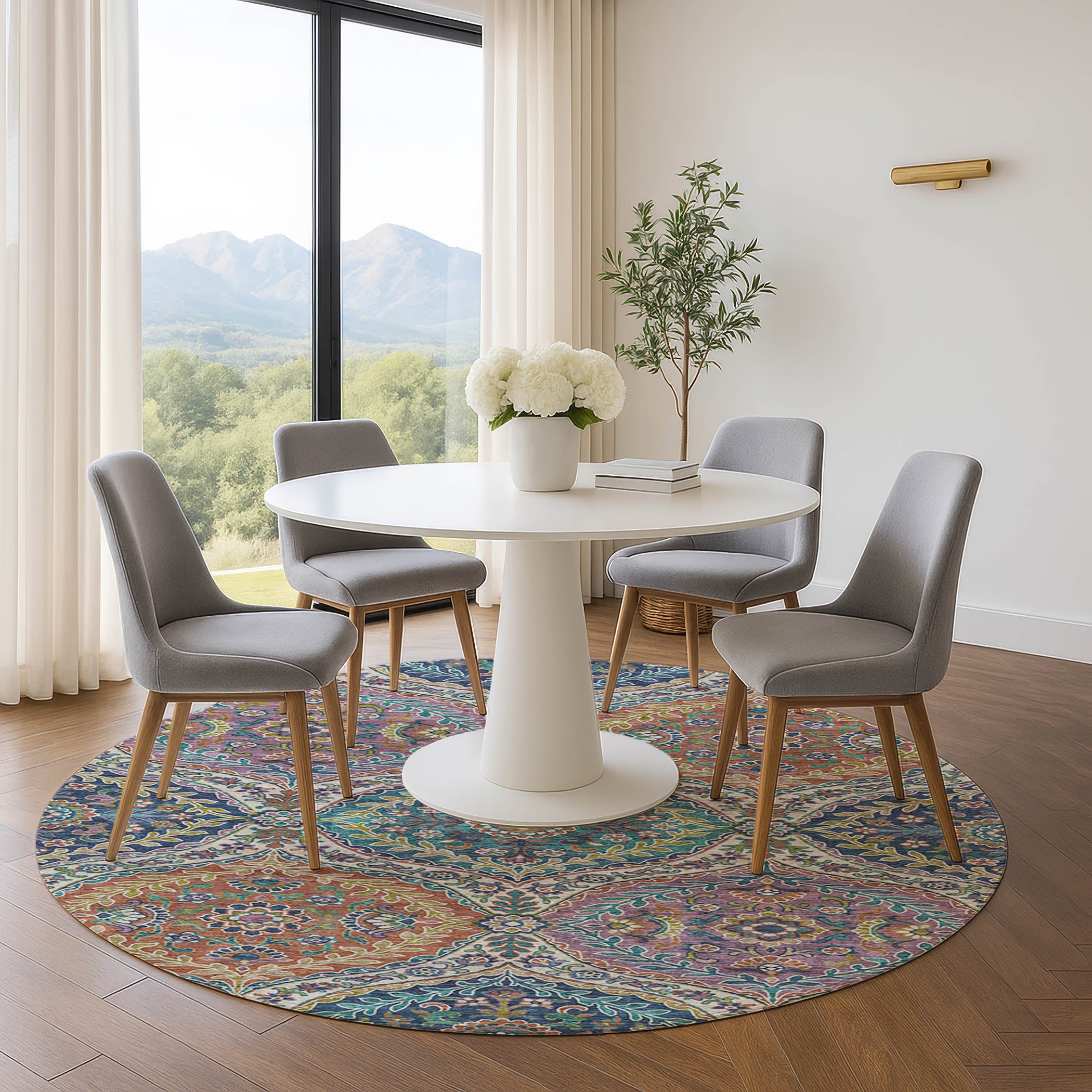 Florence Machine Washable Traditional Blue Rug 8' x 8' #shape_Round