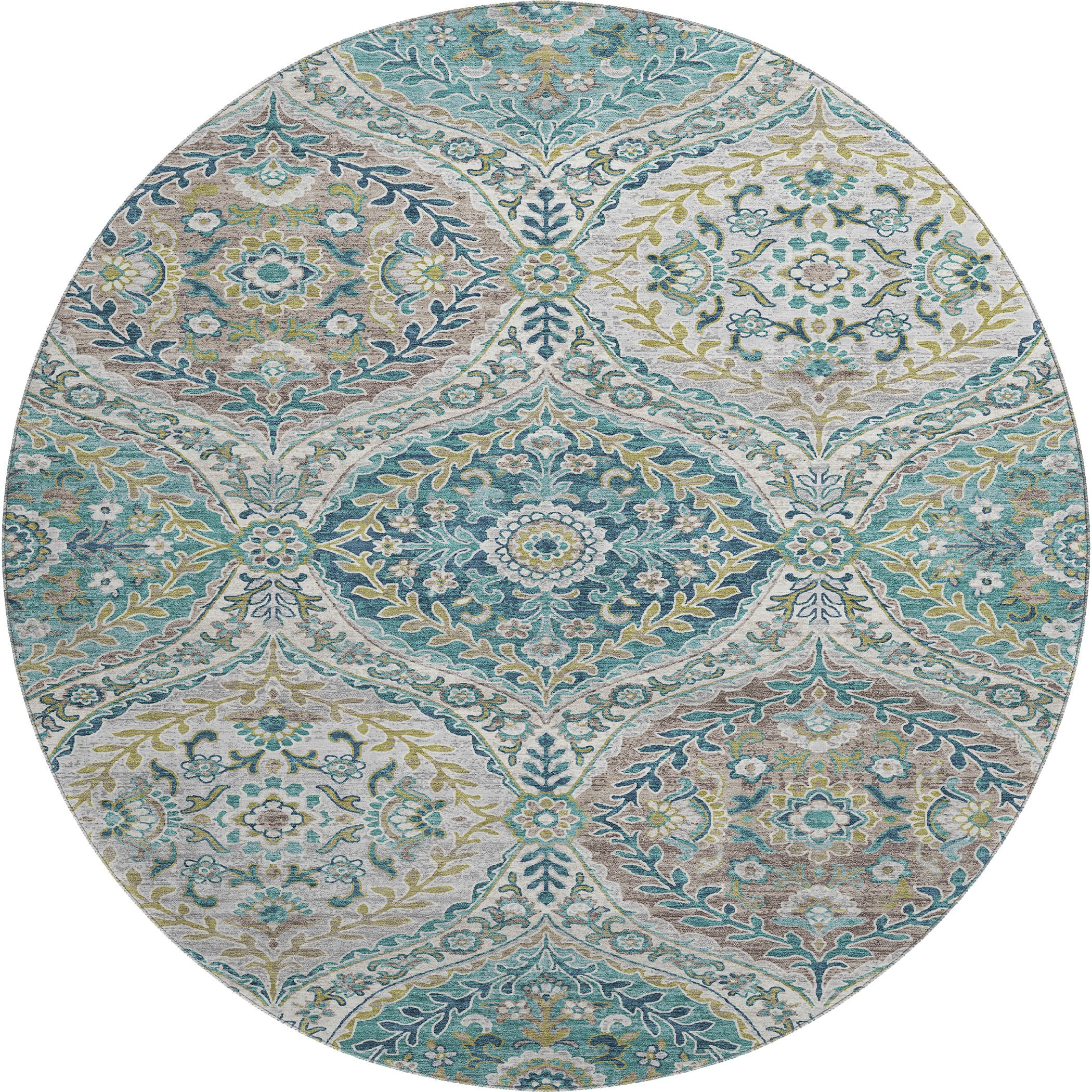 Florence Machine Washable Traditional Teal Rug 8' x 8' #shape_Round