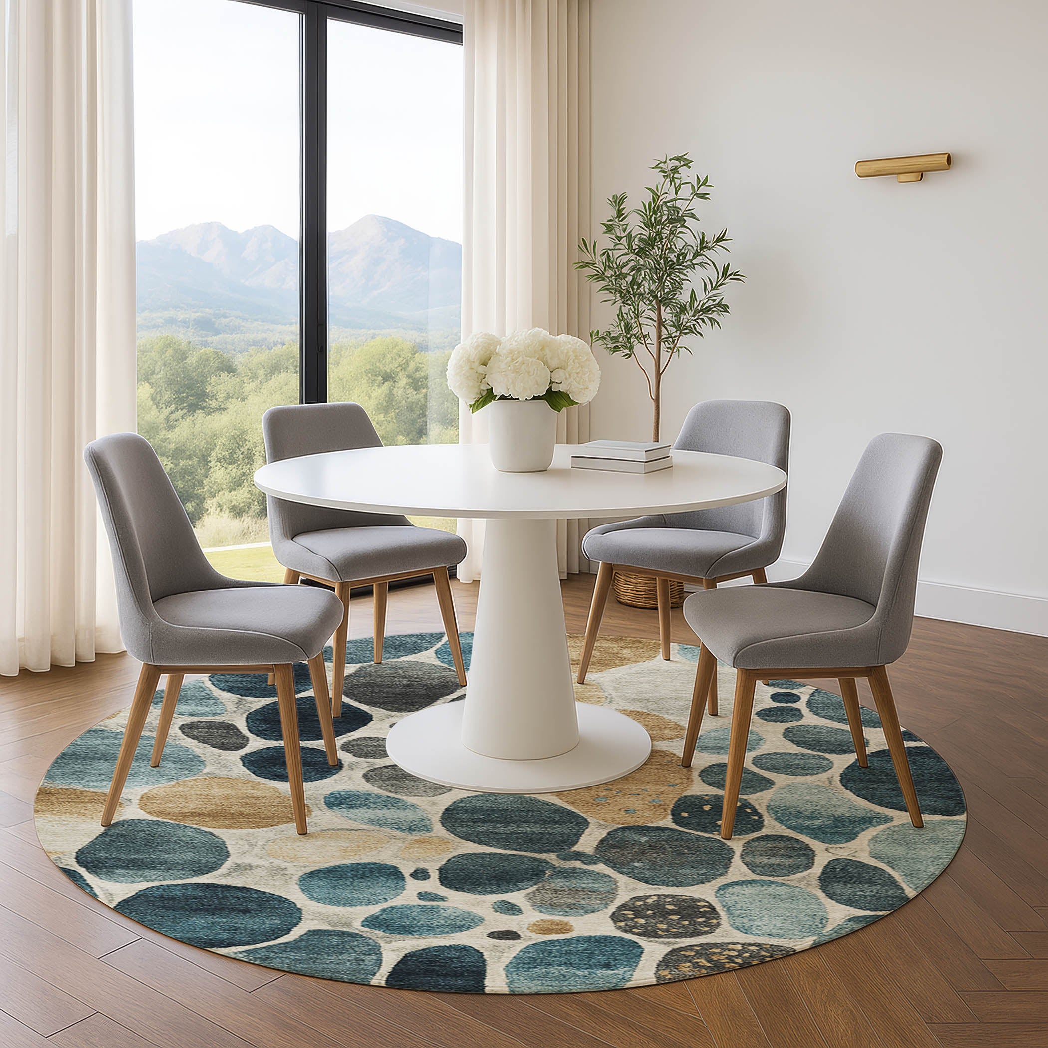Ghent Machine Washable Transitional Teal Rug 8' x 8' #shape_Round