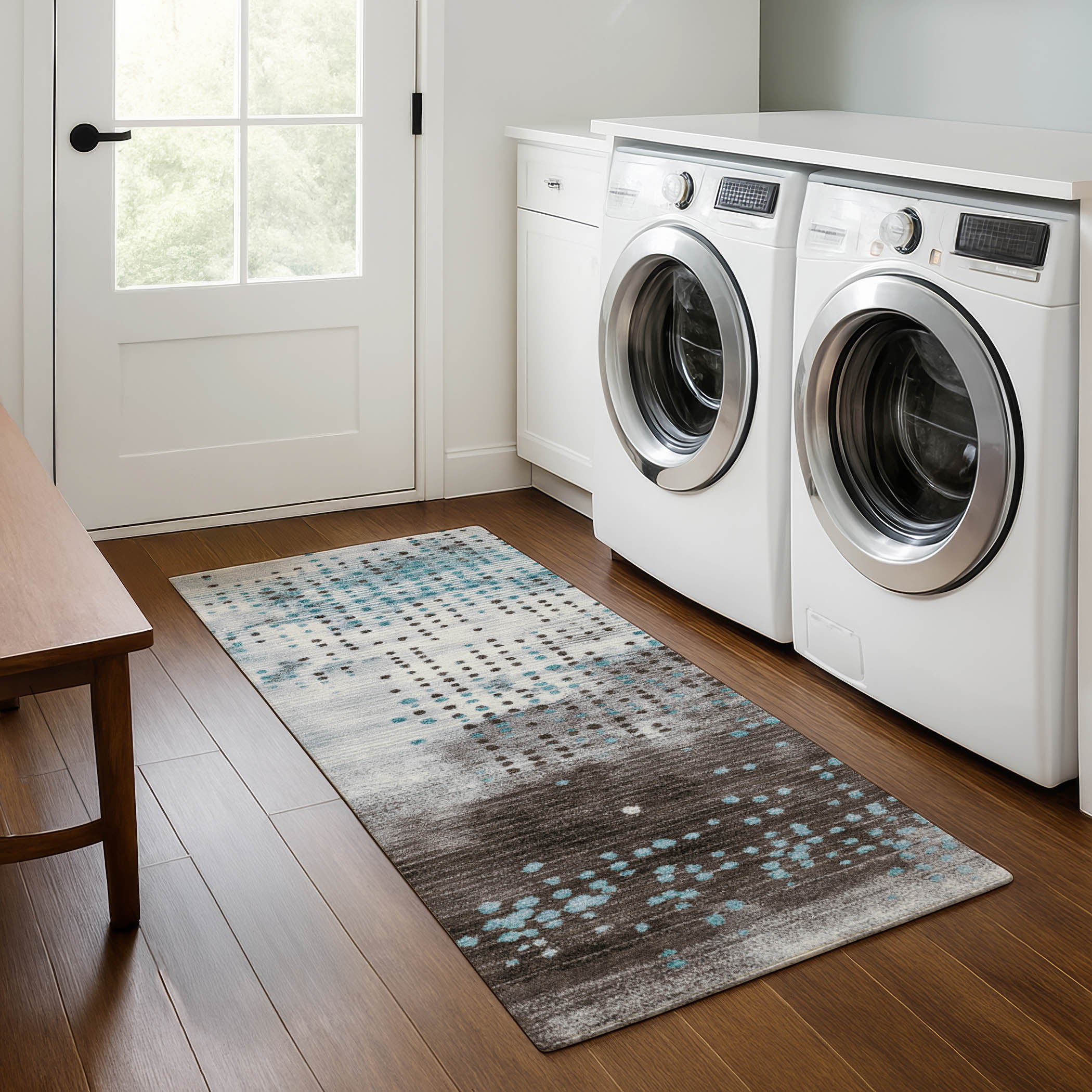 Salzburg Machine Washable Transitional Teal Rug 2'3" x 7'6" #shape_Runner