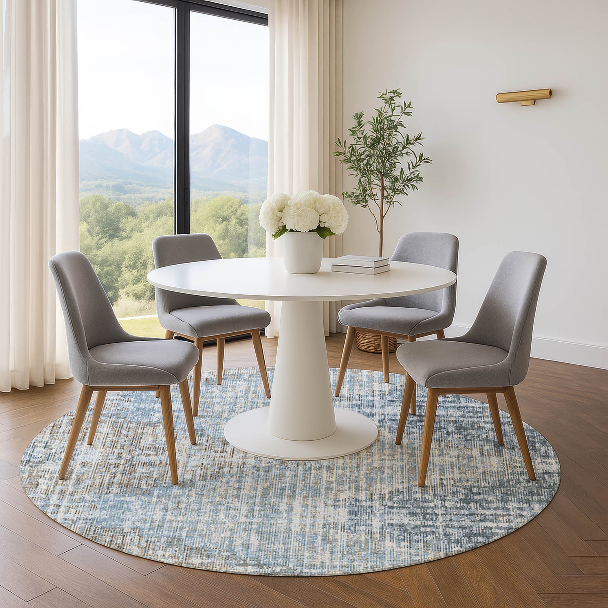 Kyoto Machine Washable Transitional Denim Blue Rug 8' x 8' #shape_Round