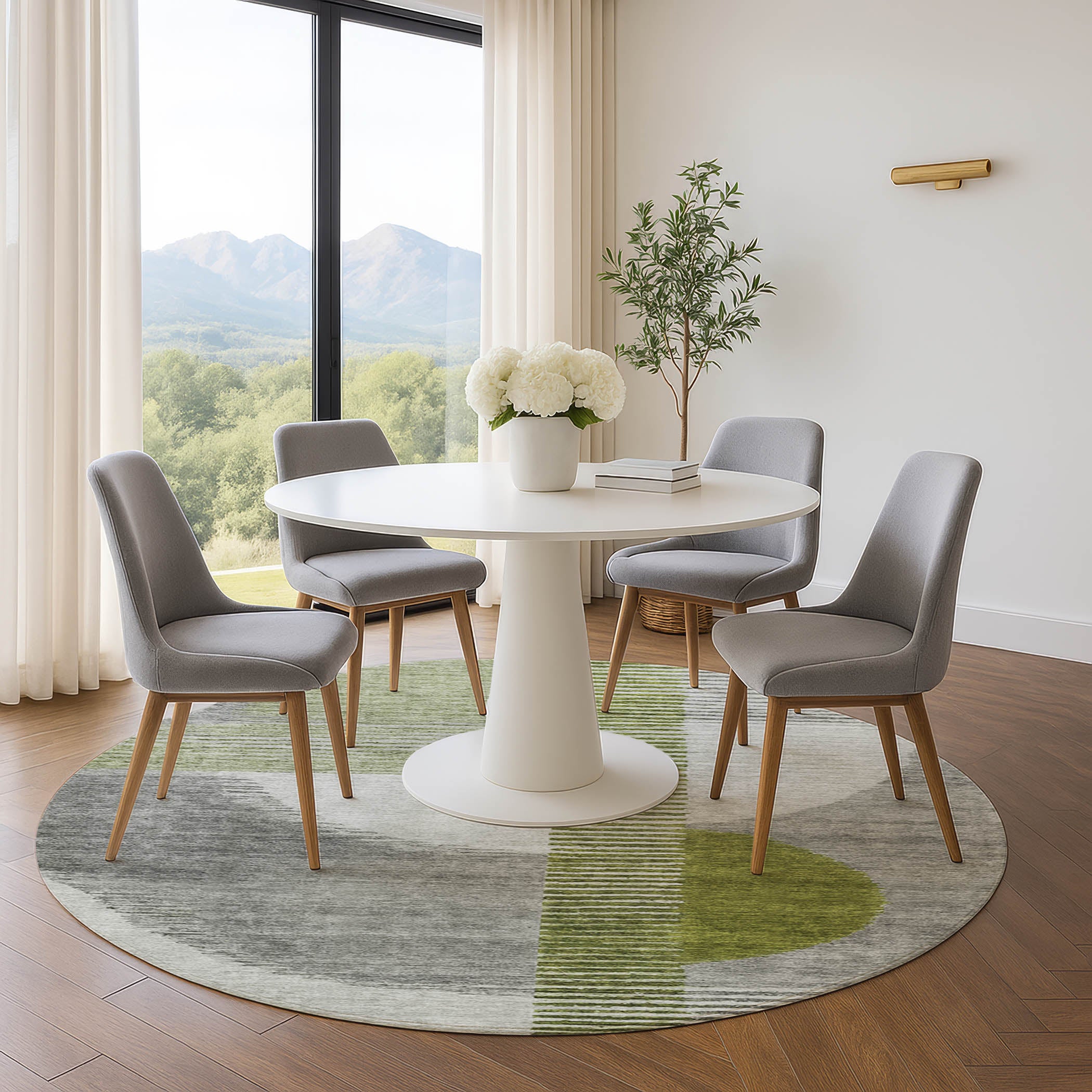Valletta Machine Washable Transitional Olive Green Rug 8' x 8' #shape_Round