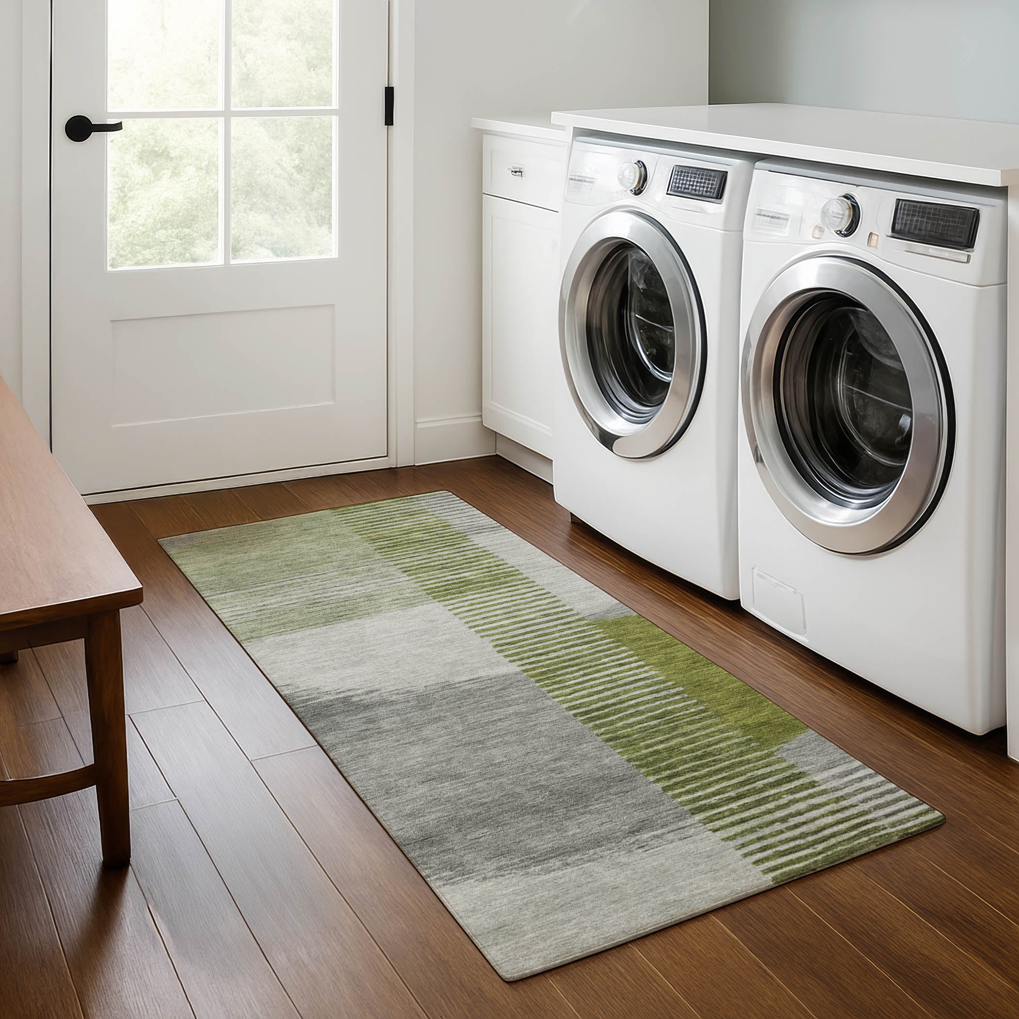 Valletta Machine Washable Transitional Olive Green Rug 2'3" x 7'6" #shape_Runner