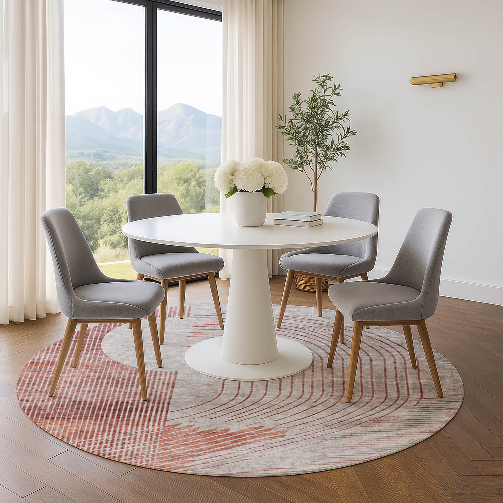Antigua Machine Washable Transitional Salmon Orange Rug 8' x 8' #shape_Round