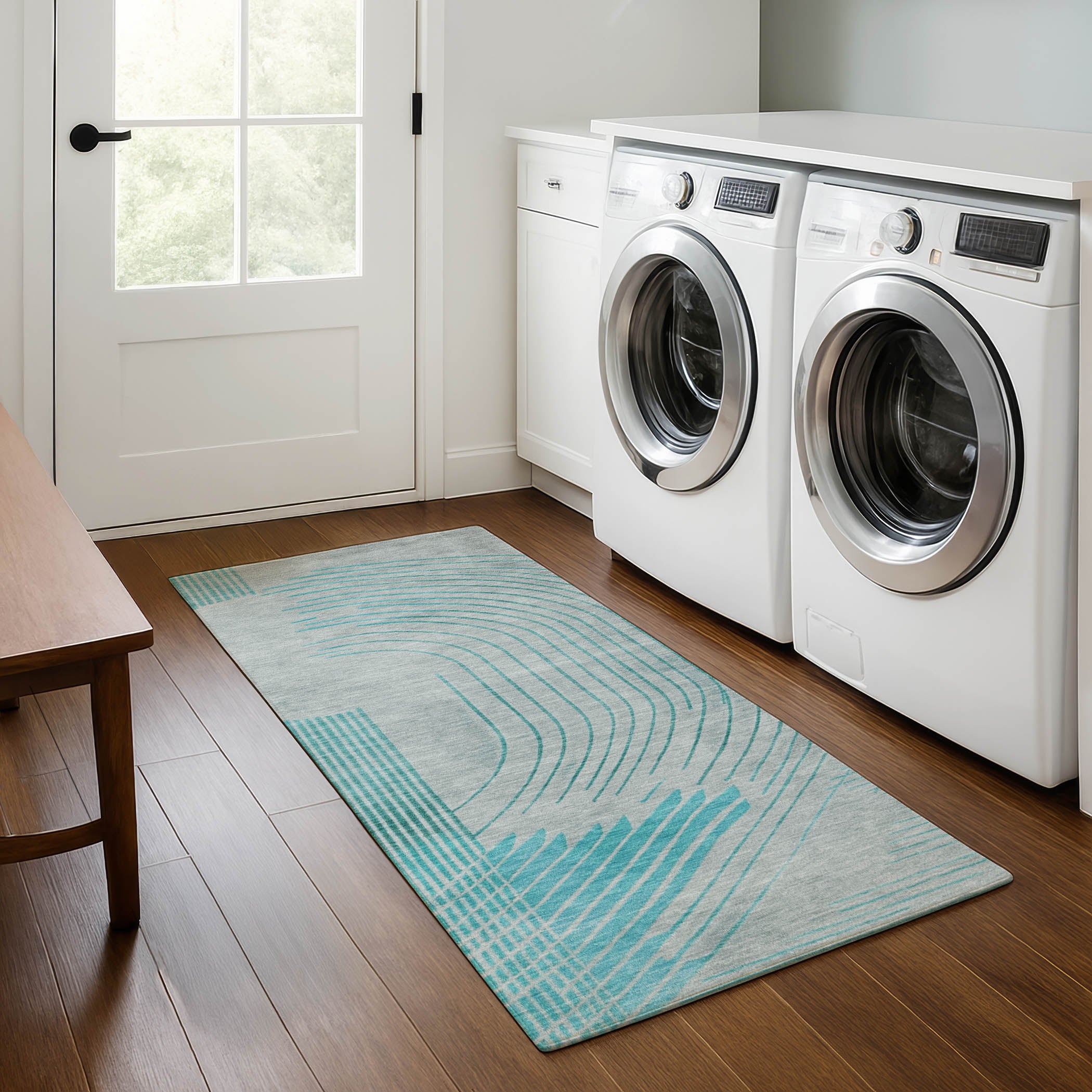 Antigua Machine Washable Transitional Teal Rug 2'3" x 7'6" #shape_Runner