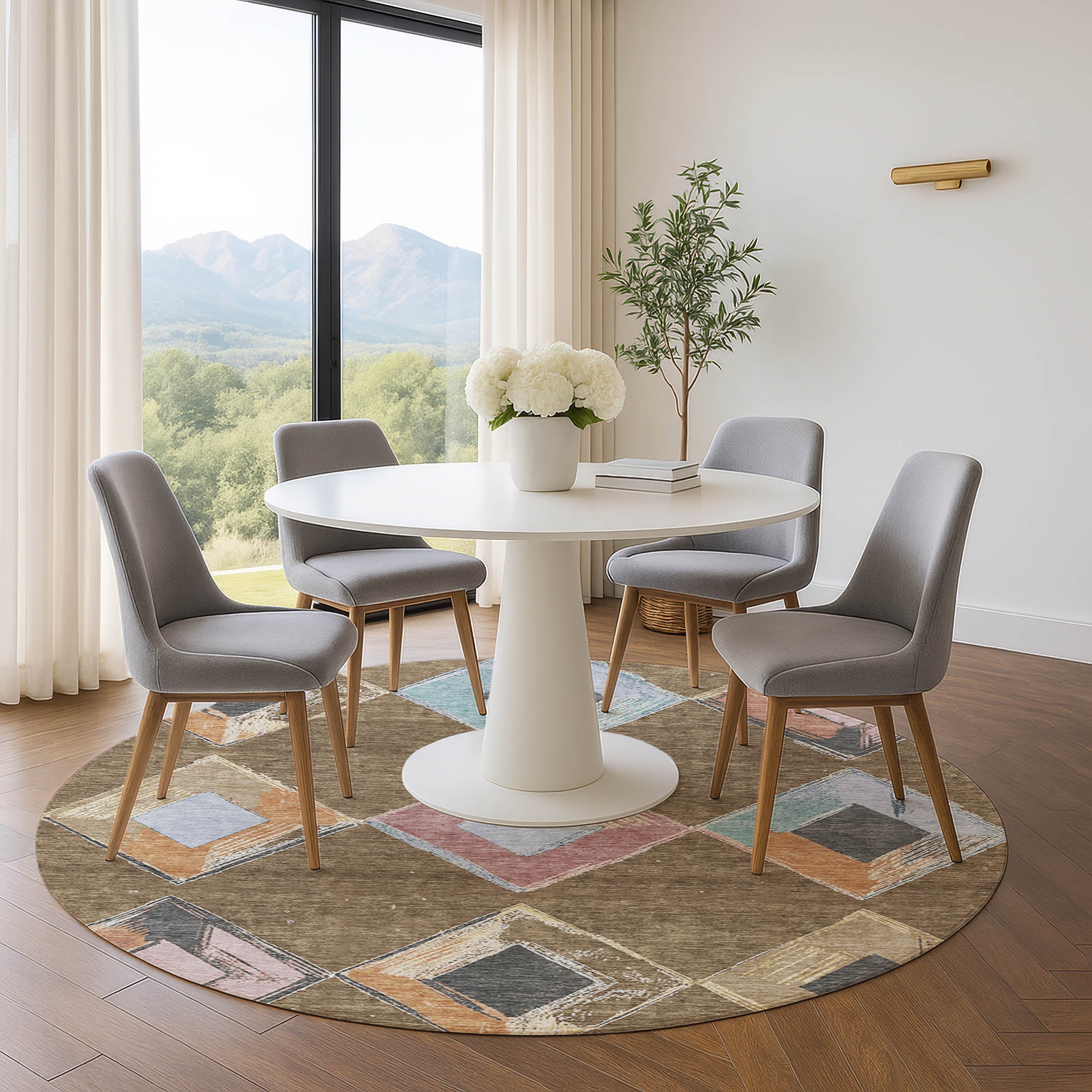 Kotor Machine Washable Transitional Brown Rug 8' x 8' #shape_Round
