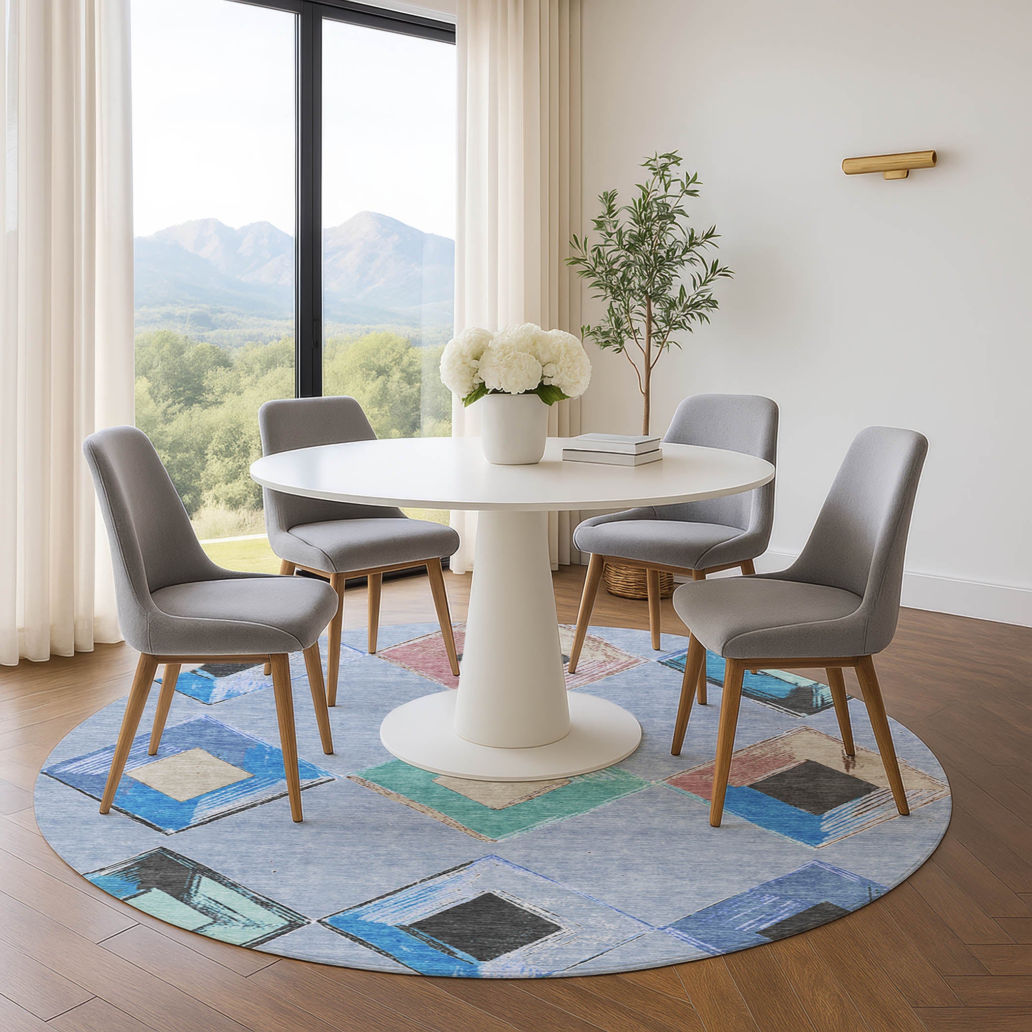 Kotor Machine Washable Transitional Denim Blue Rug 8' x 8' #shape_Round
