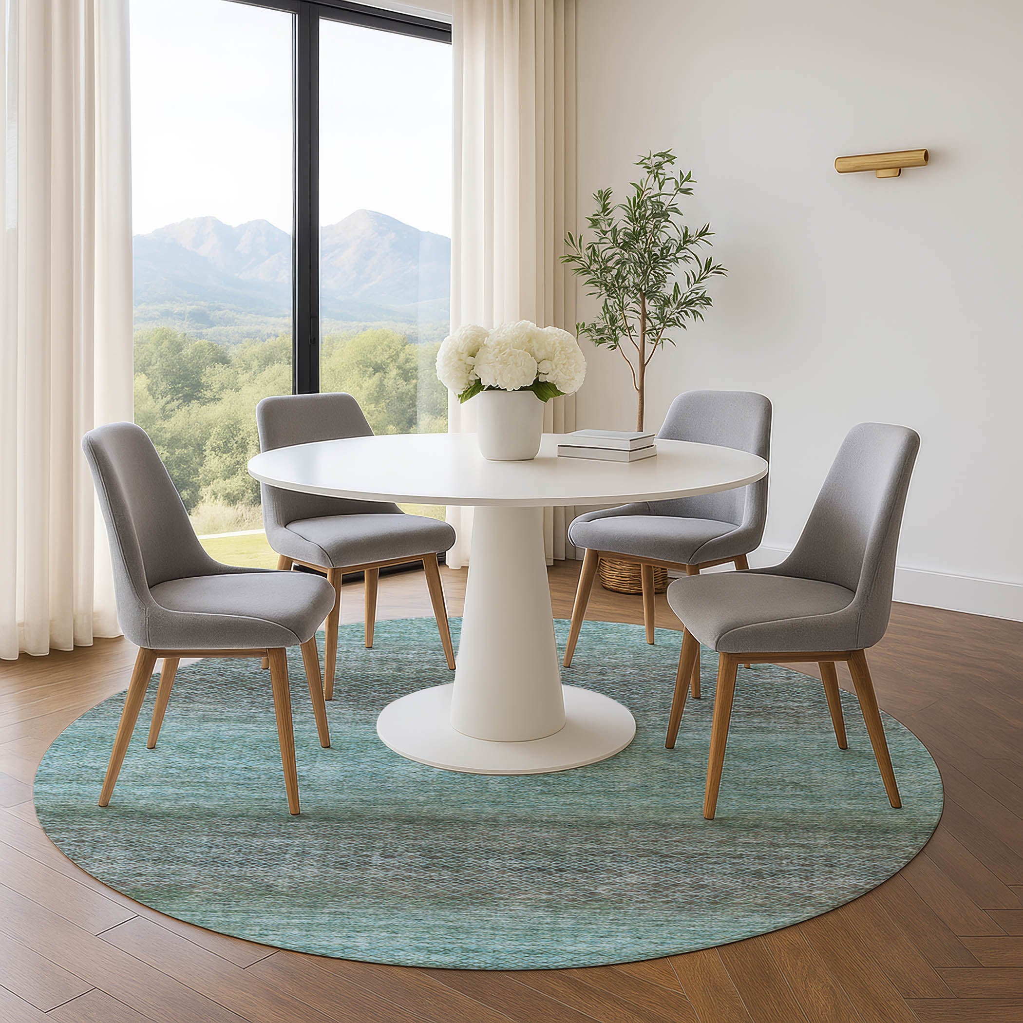 Havana Machine Washable Transitional Teal Rug 8' x 8' #shape_Round