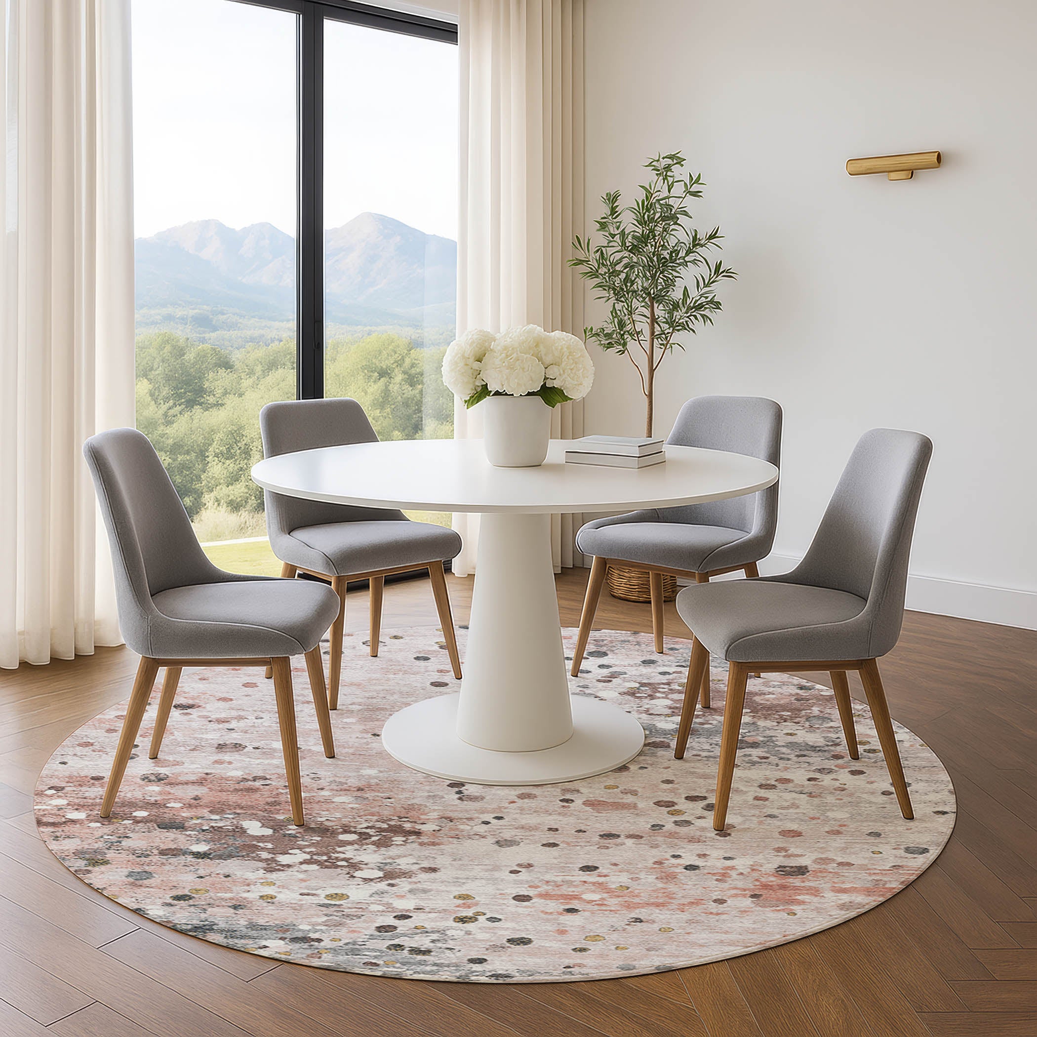 Prague Machine Washable Transitional Salmon Orange Rug 8' x 8' #shape_Round