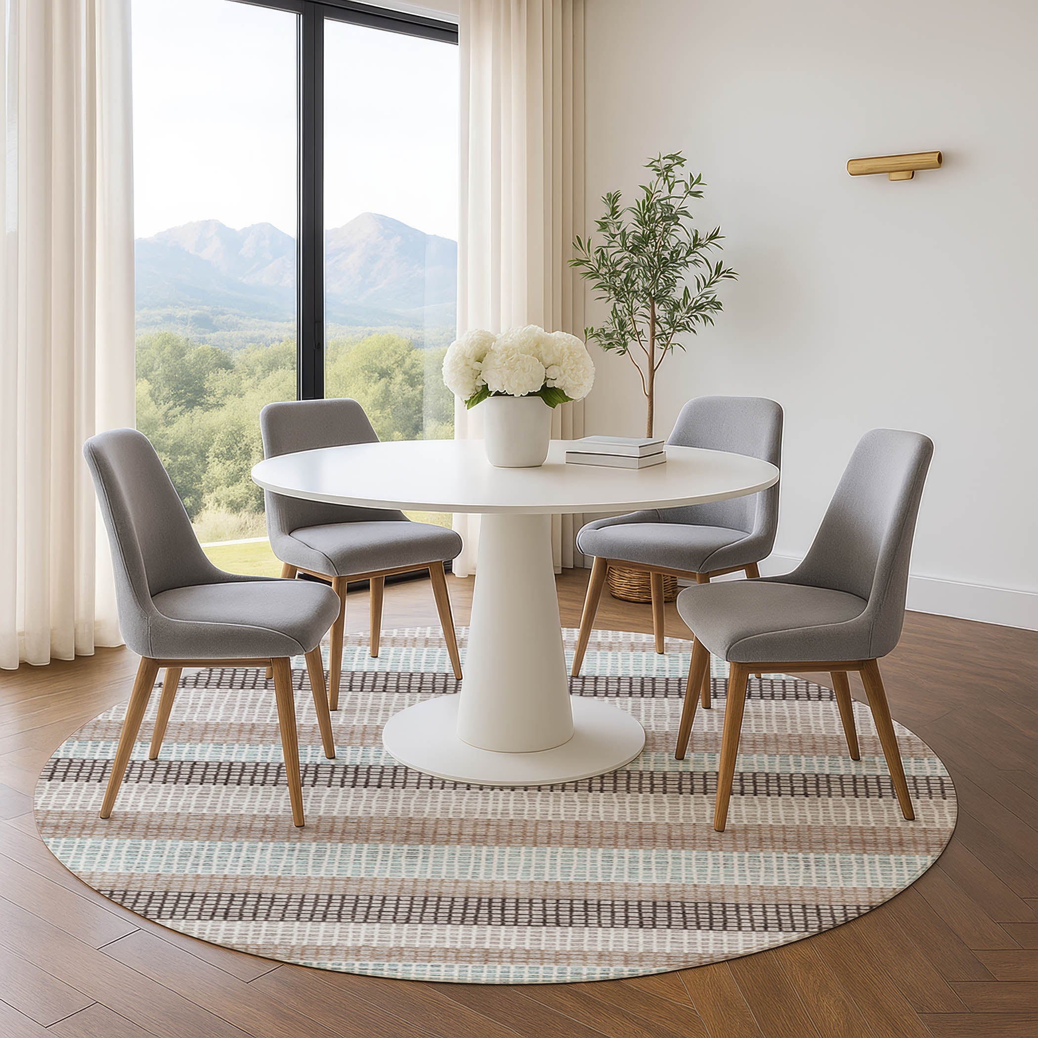 Queenstown Machine Washable Transitional Taupe Brown Rug 8' x 8' #shape_Round