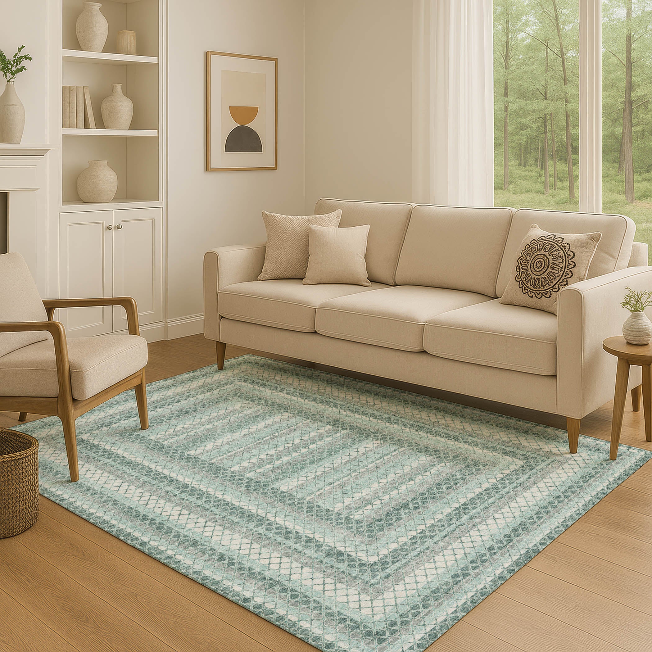 Mostar Machine Washable Transitional Teal Rug 2'6" x 3'10" #shape_Rectangle