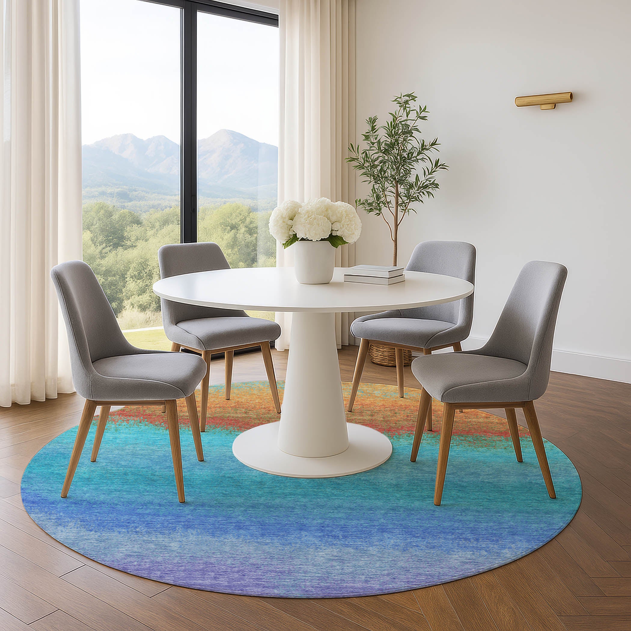 Mdina Machine Washable Transitional Aqua Teal Rug 8' x 8' #shape_Round