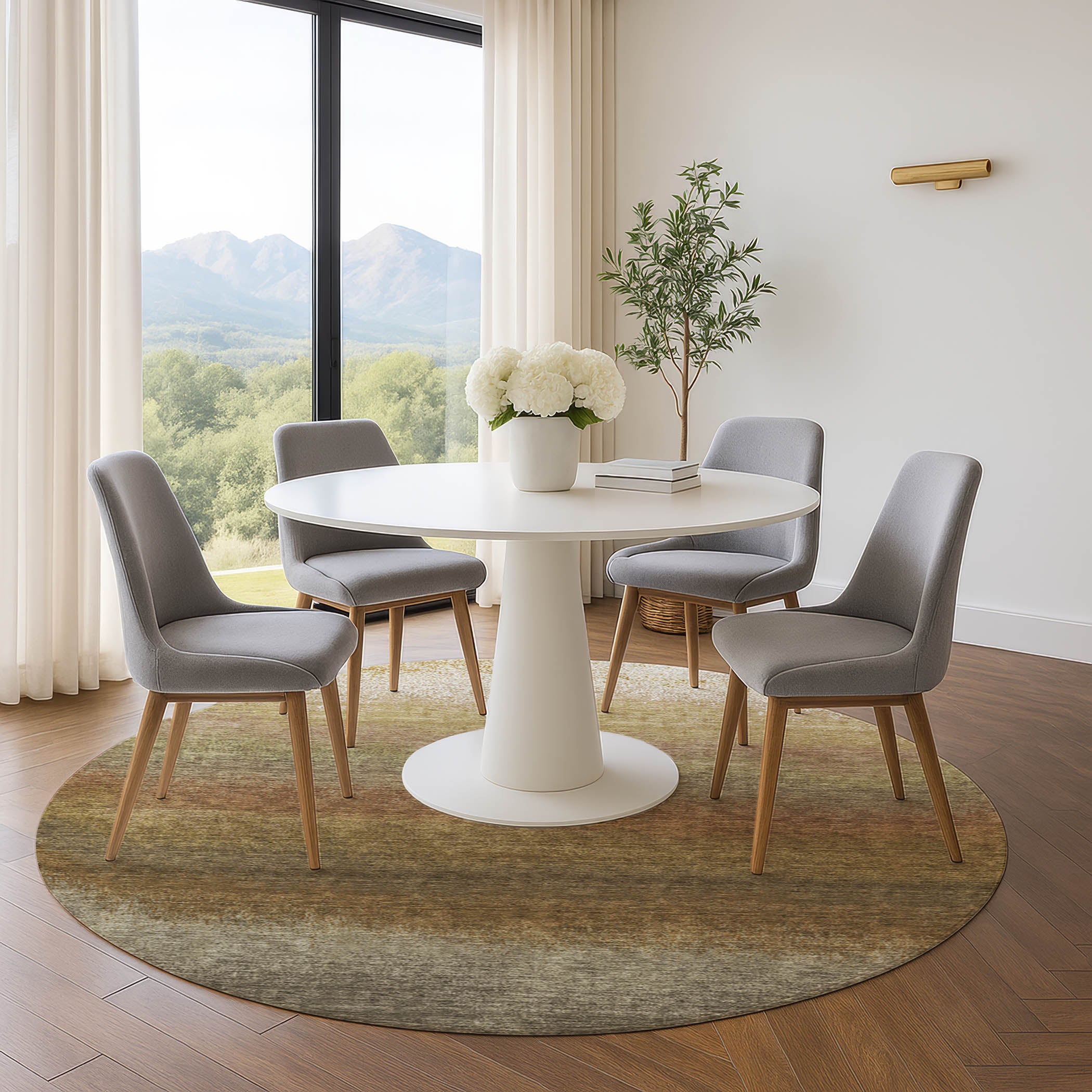 Mdina Machine Washable Transitional Taupe Brown Rug 8' x 8' #shape_Round