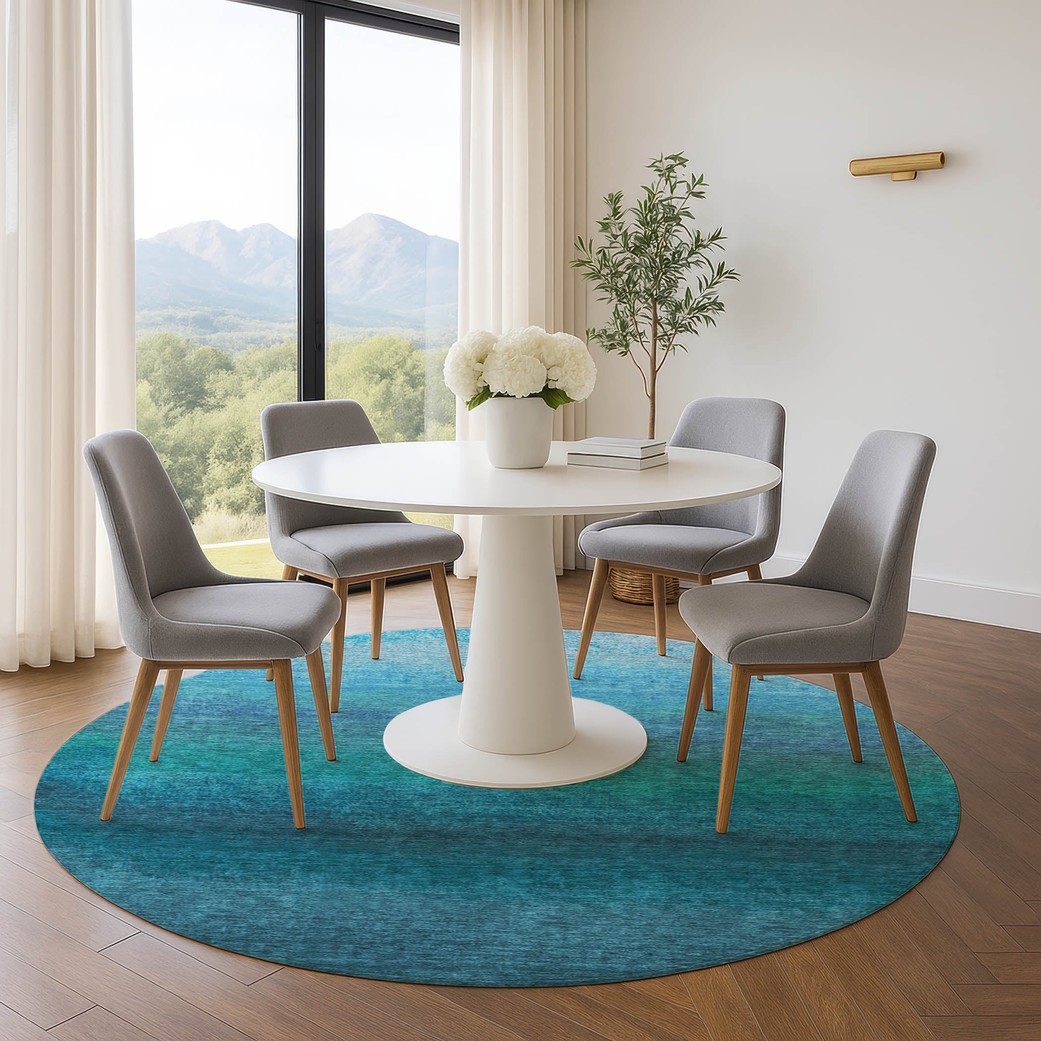 Mdina Machine Washable Transitional Teal Rug 8' x 8' #shape_Round