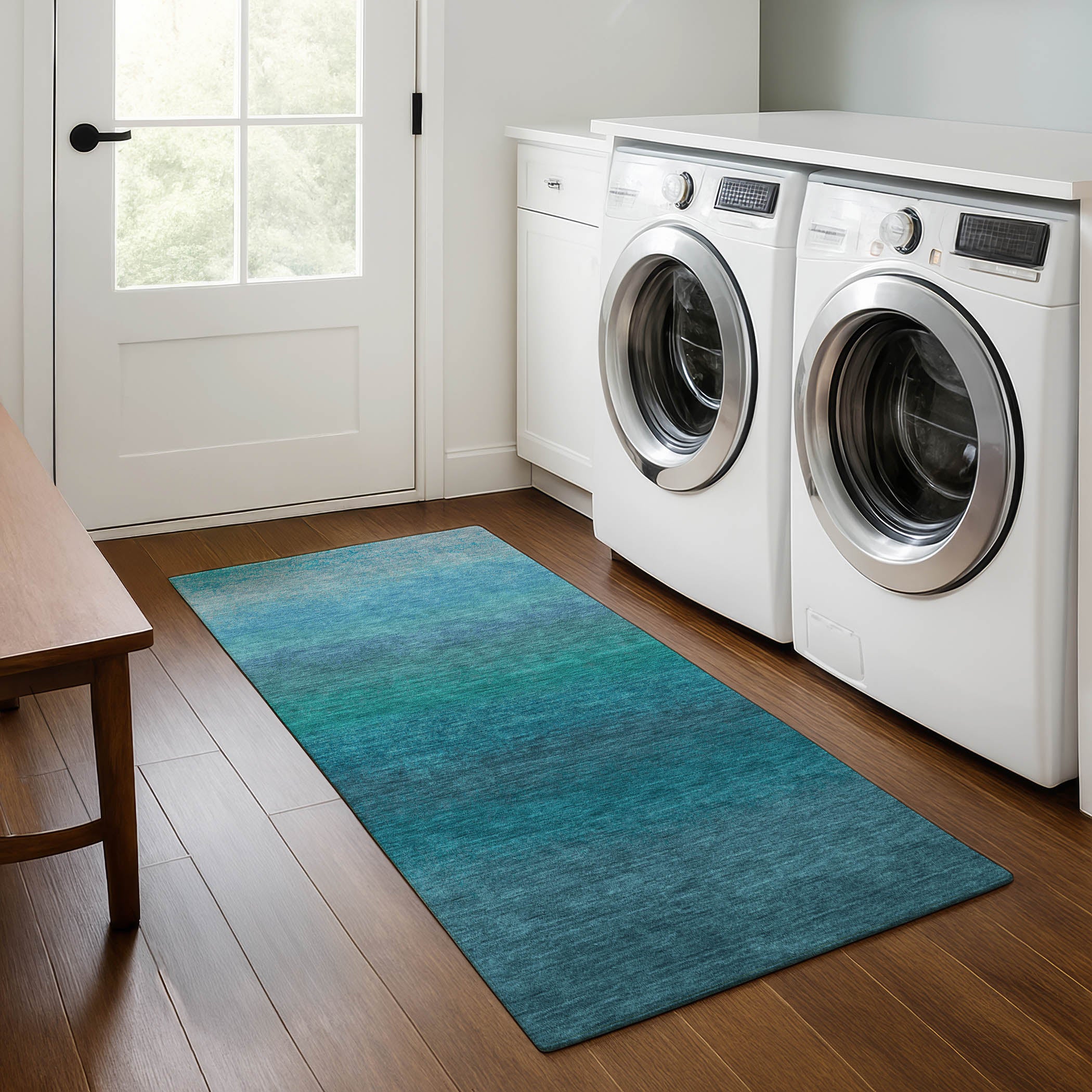 Mdina Machine Washable Transitional Teal Rug 2'3" x 7'6" #shape_Runner