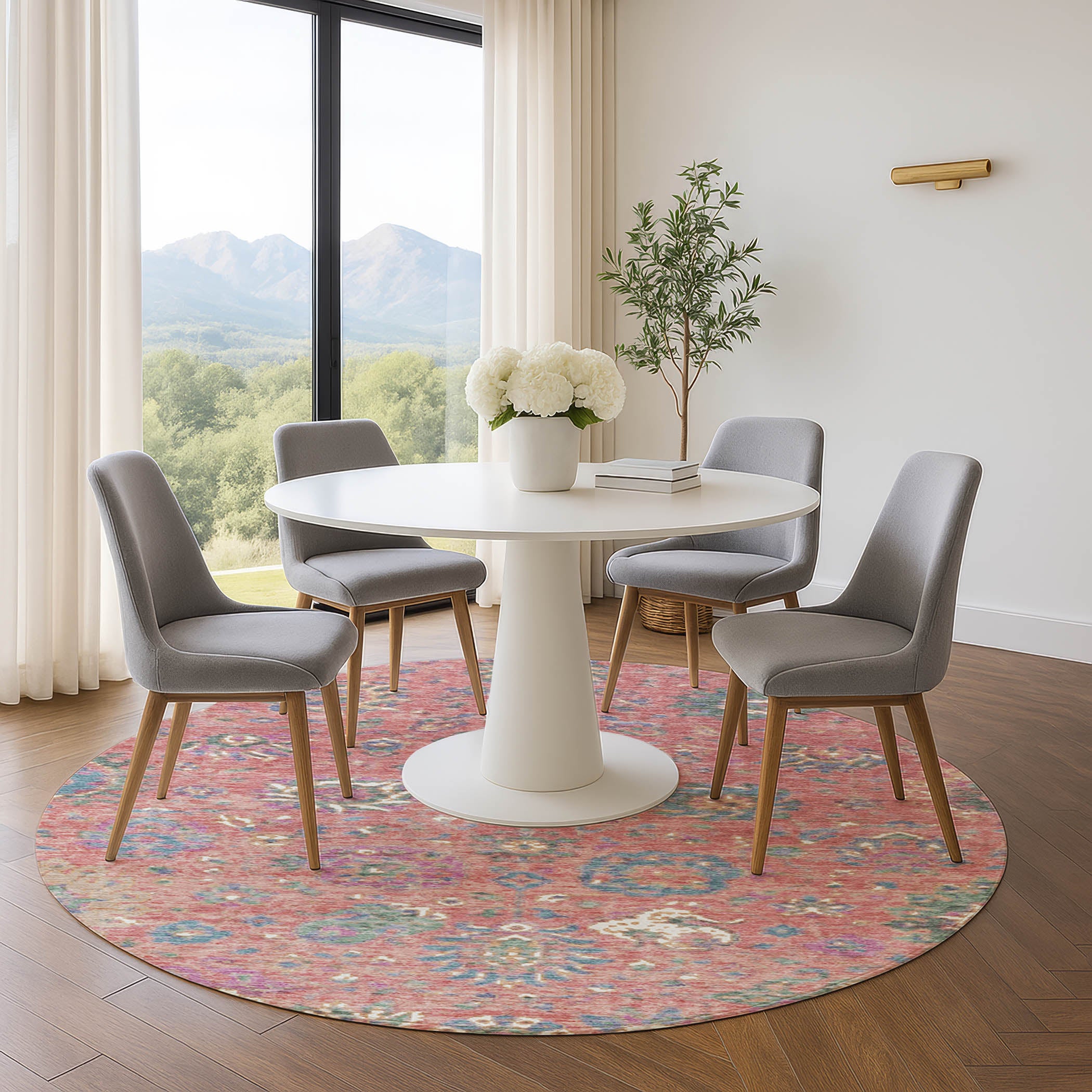 Queenstown Machine Washable Traditional Coral Orange Rug 8' x 8' #shape_Round