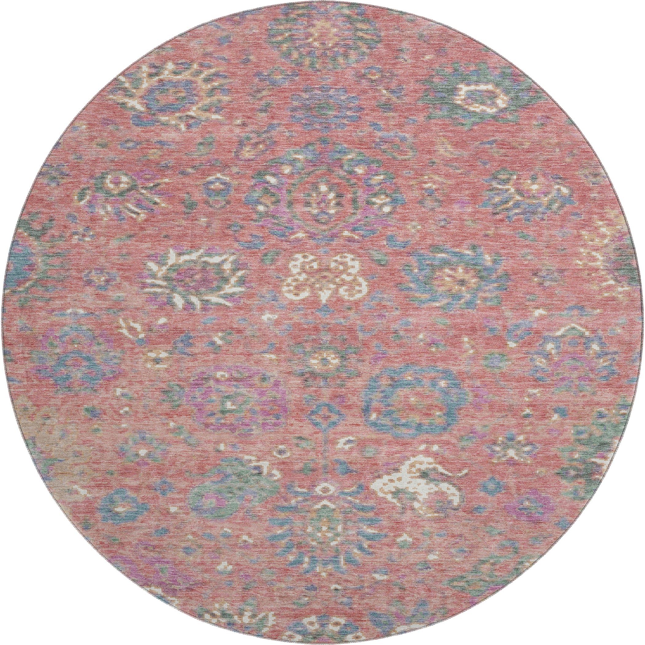 Queenstown Machine Washable Traditional Coral Orange Rug 8' x 8' #shape_Round