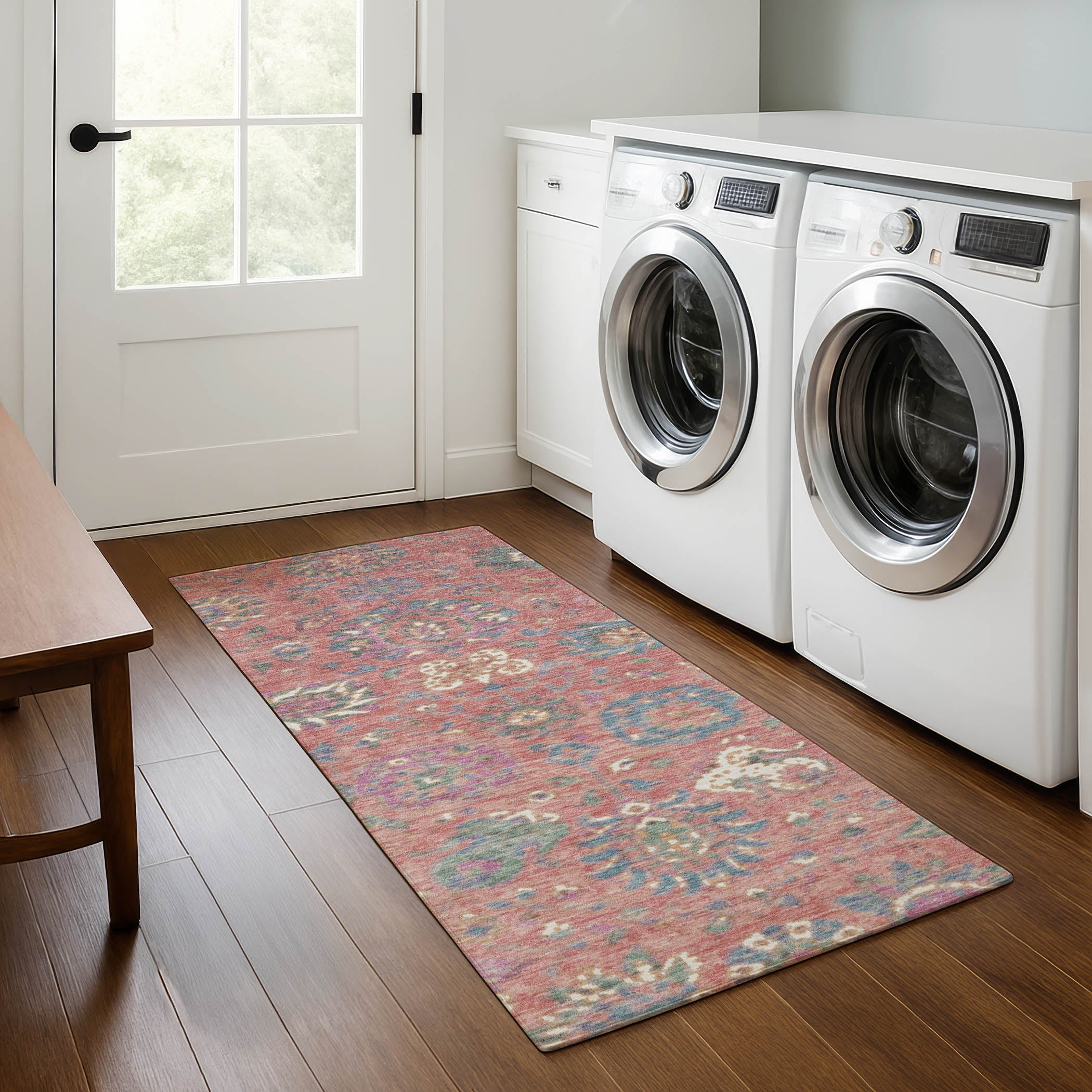 Queenstown Machine Washable Traditional Coral Orange Rug 2'3" x 7'6" #shape_Runner