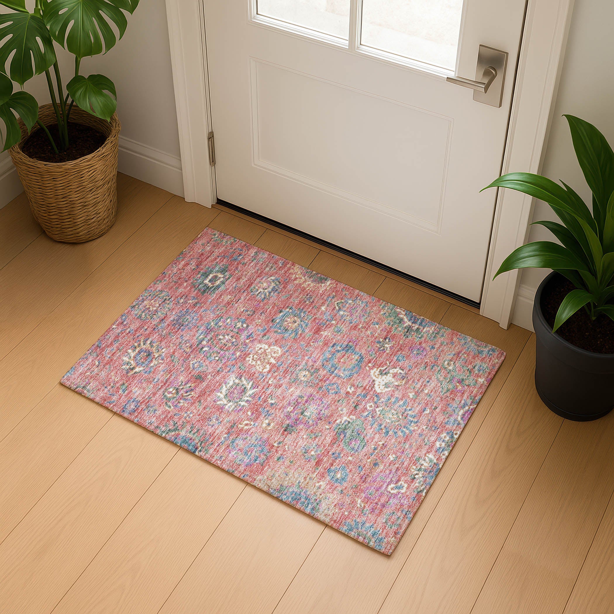 Queenstown Machine Washable Traditional Coral Orange Rug 1'8" x 2'6" #shape_Rectangle