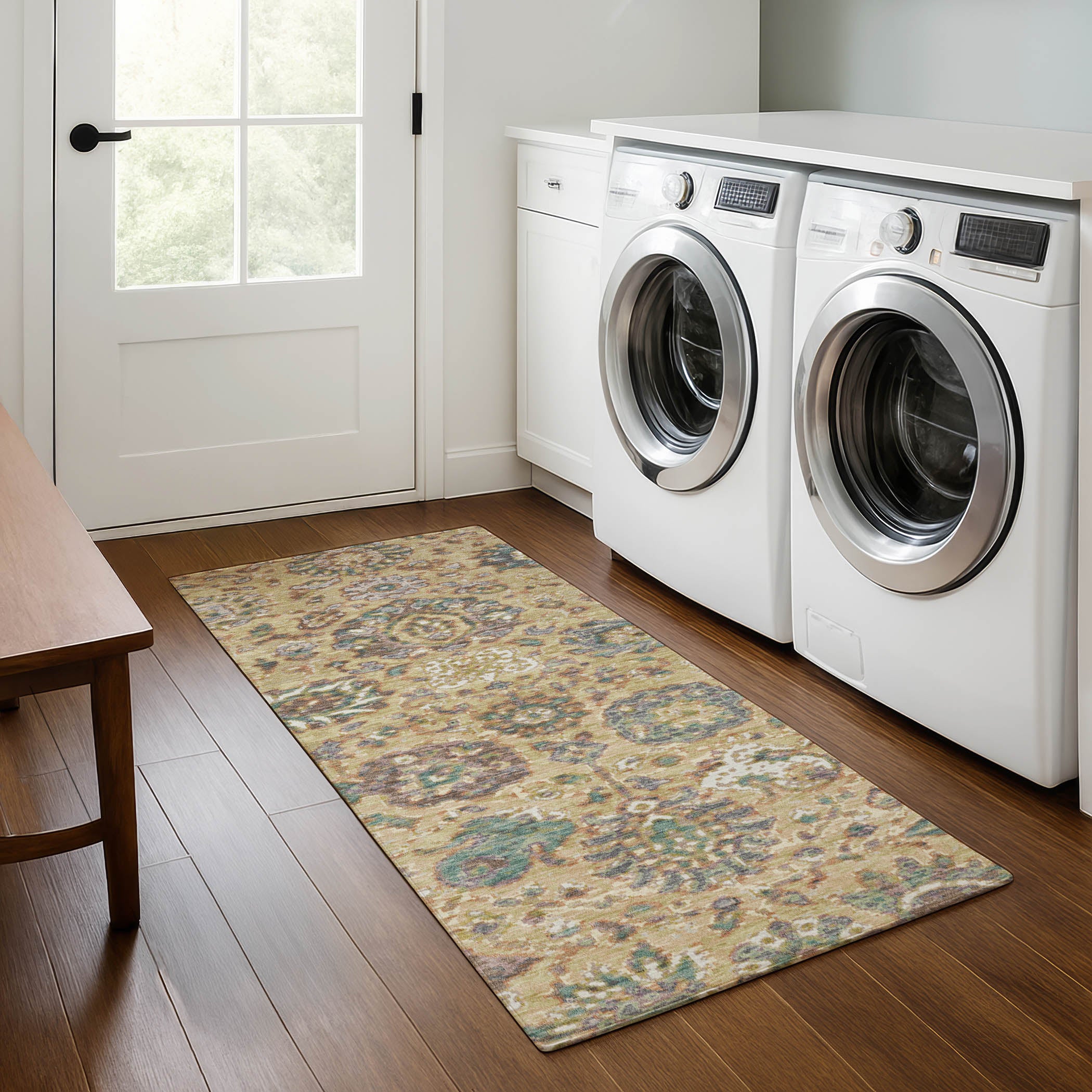Queenstown Machine Washable Traditional Gold Rug 2'3" x 7'6" #shape_Runner