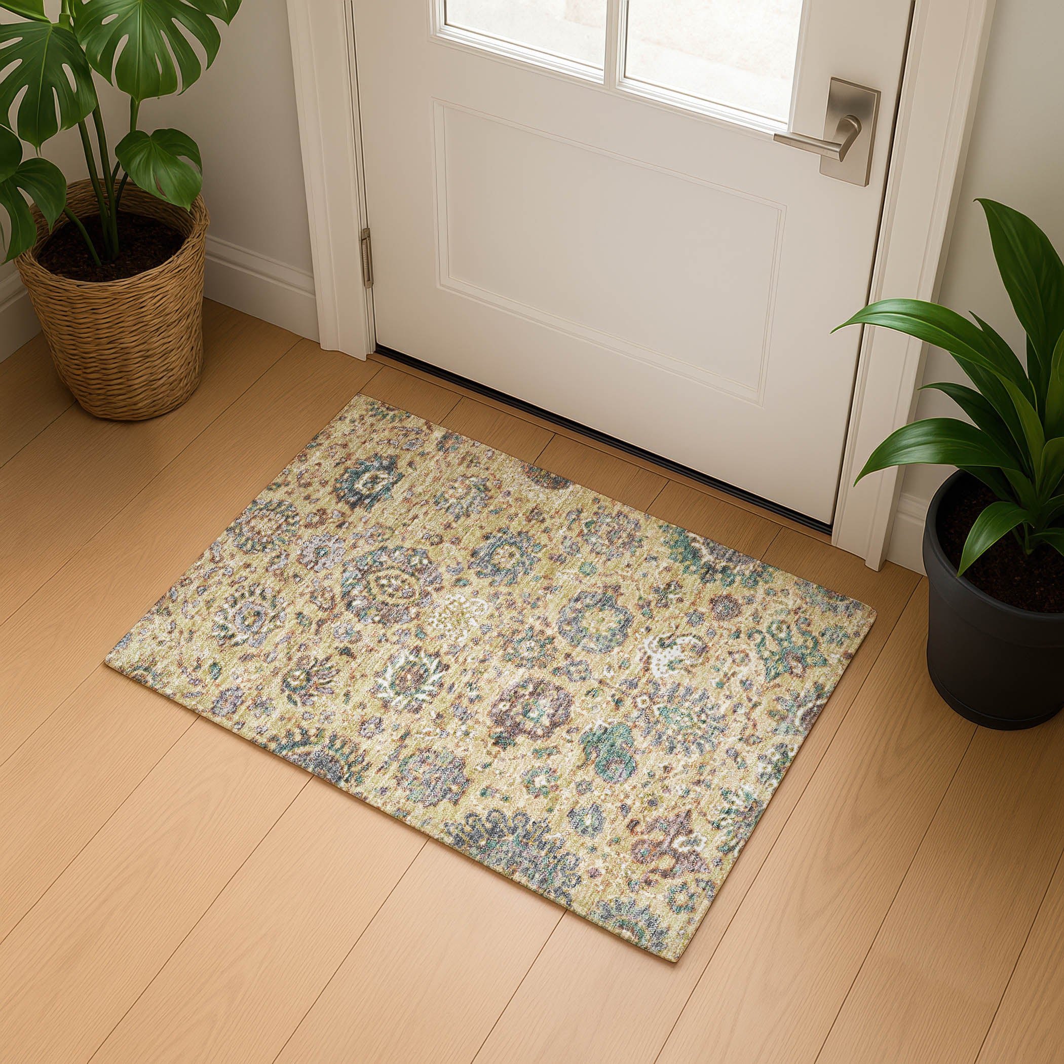 Queenstown Machine Washable Traditional Gold Rug 1'8" x 2'6" #shape_Rectangle