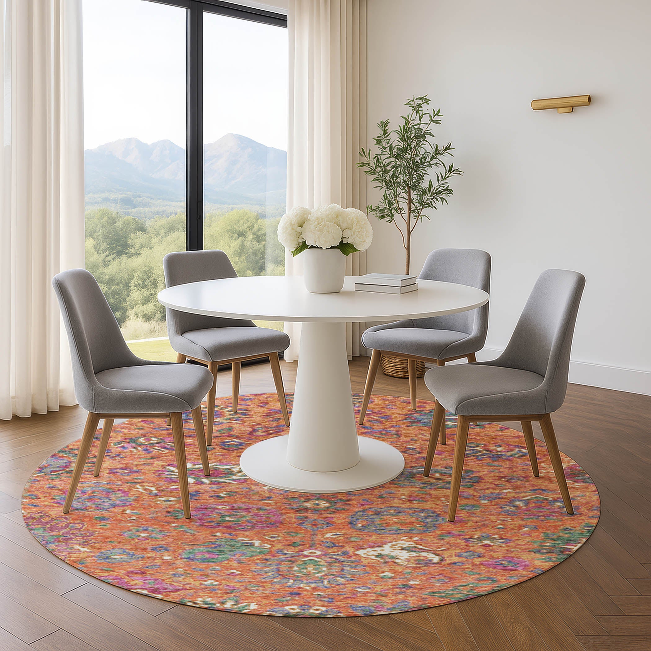 Queenstown Machine Washable Traditional Orange Rug 8' x 8' #shape_Round
