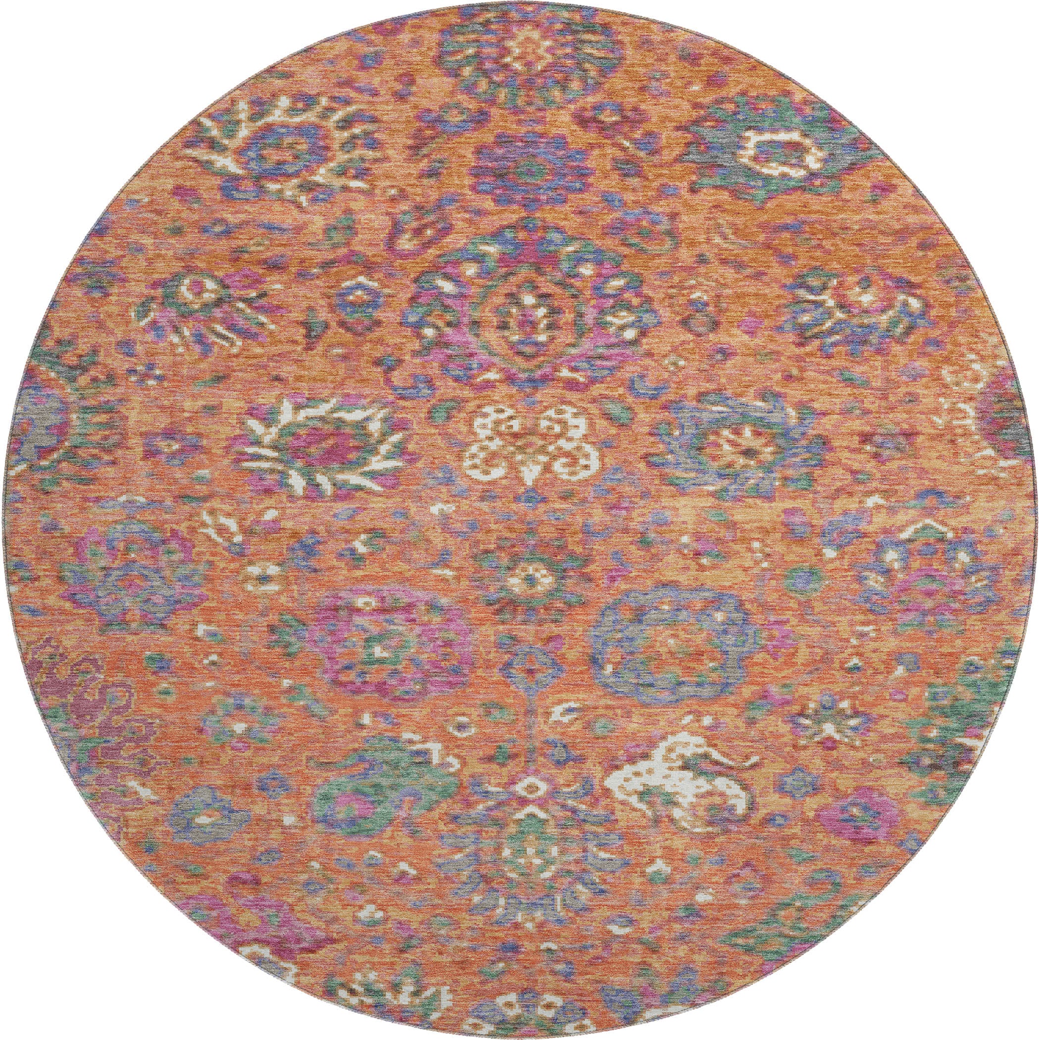 Queenstown Machine Washable Traditional Orange Rug 8' x 8' #shape_Round
