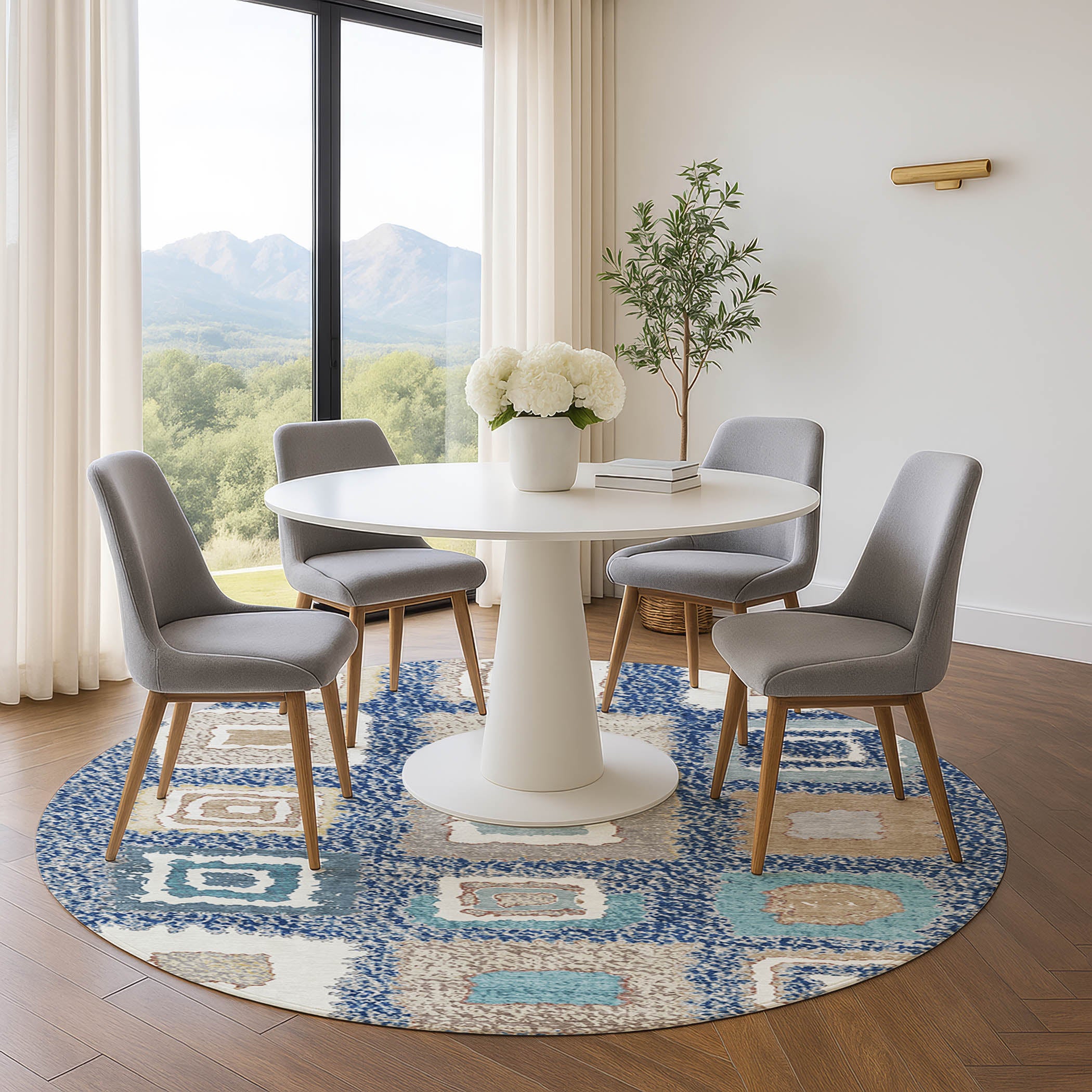 Mdina Machine Washable Transitional Navy Blue Rug 8' x 8' #shape_Round